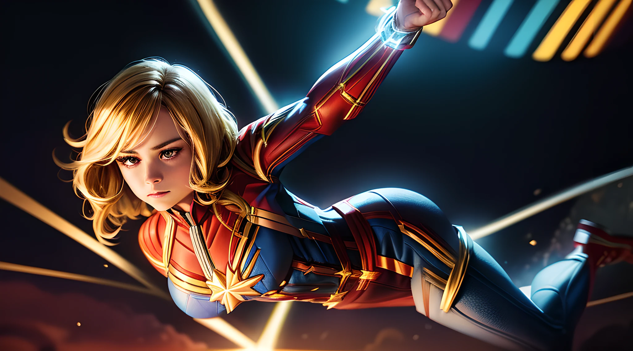 (1.2: Gorgeous brie larson),(medium hair,captain marvel outfit,sexy,flaunting cleavage),full body portrait,vibrant colors,dynamic pose,vivid bright lighting.