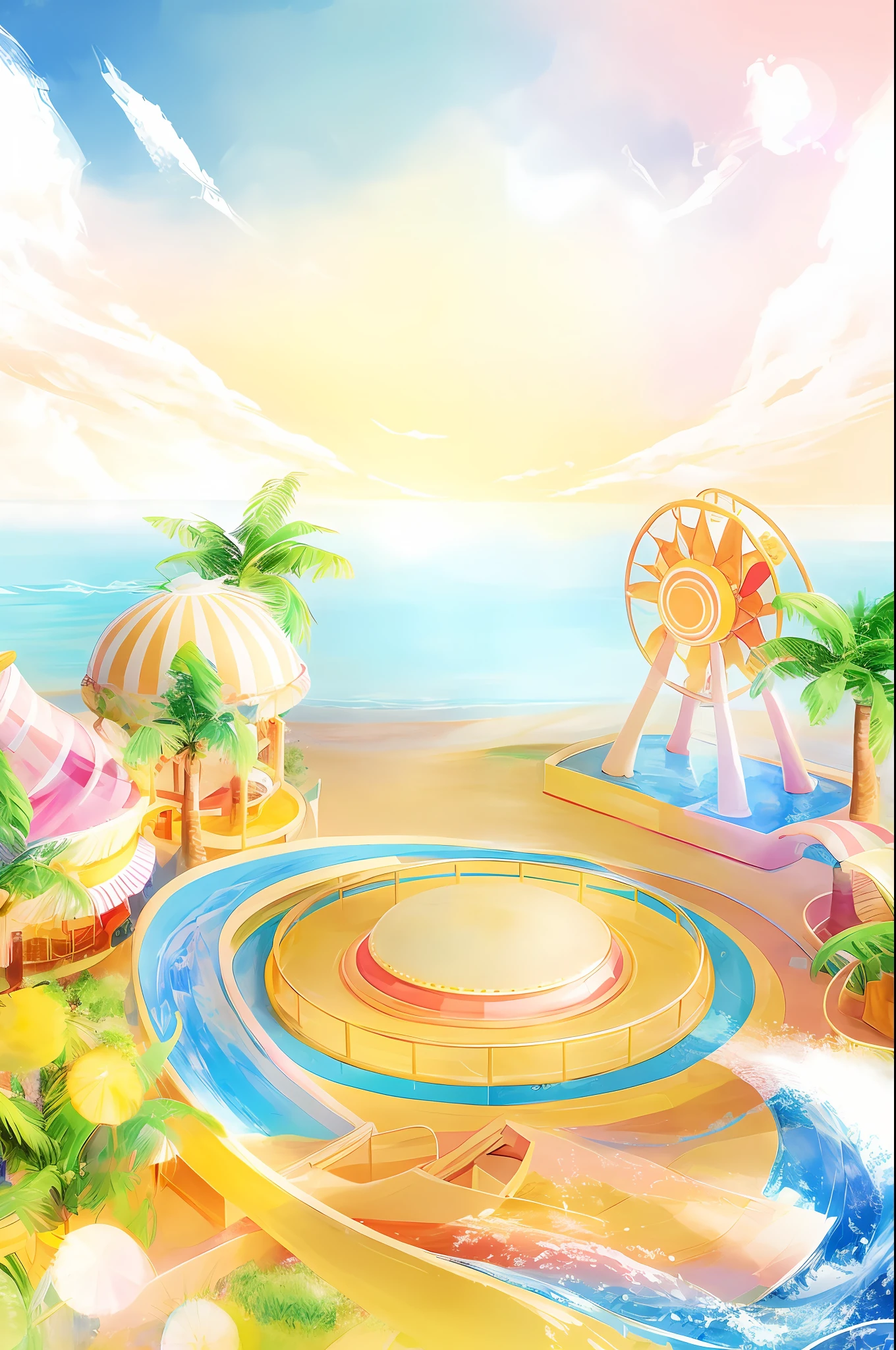 there is a painting of a beach with a ferris wheel and a water park, background artwork, background art, seaside backgroud, anime background art, colorful anime movie background, beach background, anime scenery concept art, sunny day background, magical beach, island background, anime background, relaxing concept art, magical summer, bright sunny summer day, blurred and dreamy illustration --auto --s2