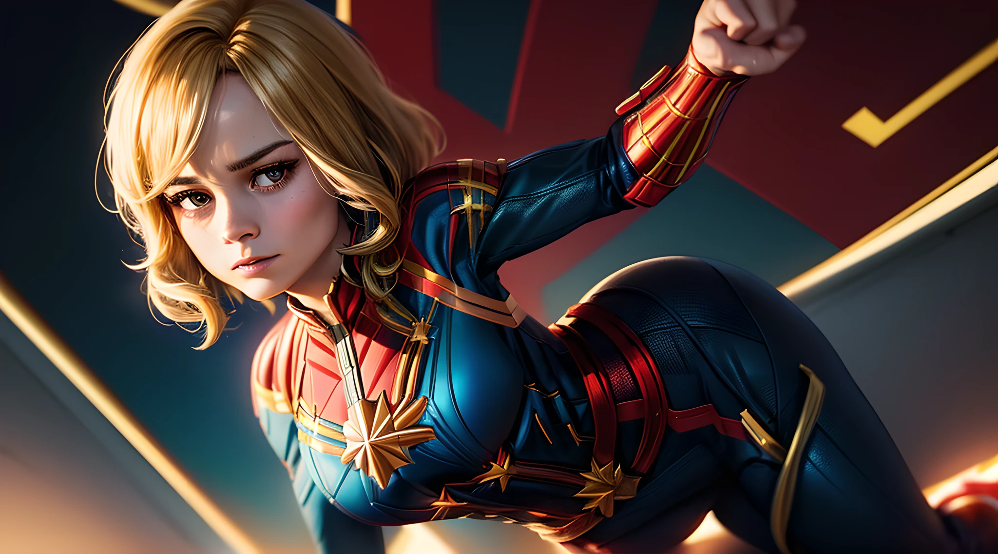 (1.2: Gorgeous brie larson),(medium hair,captain marvel outfit,sexy,flaunting cleavage),full body portrait,vibrant colors,dynamic pose,vivid bright lighting.