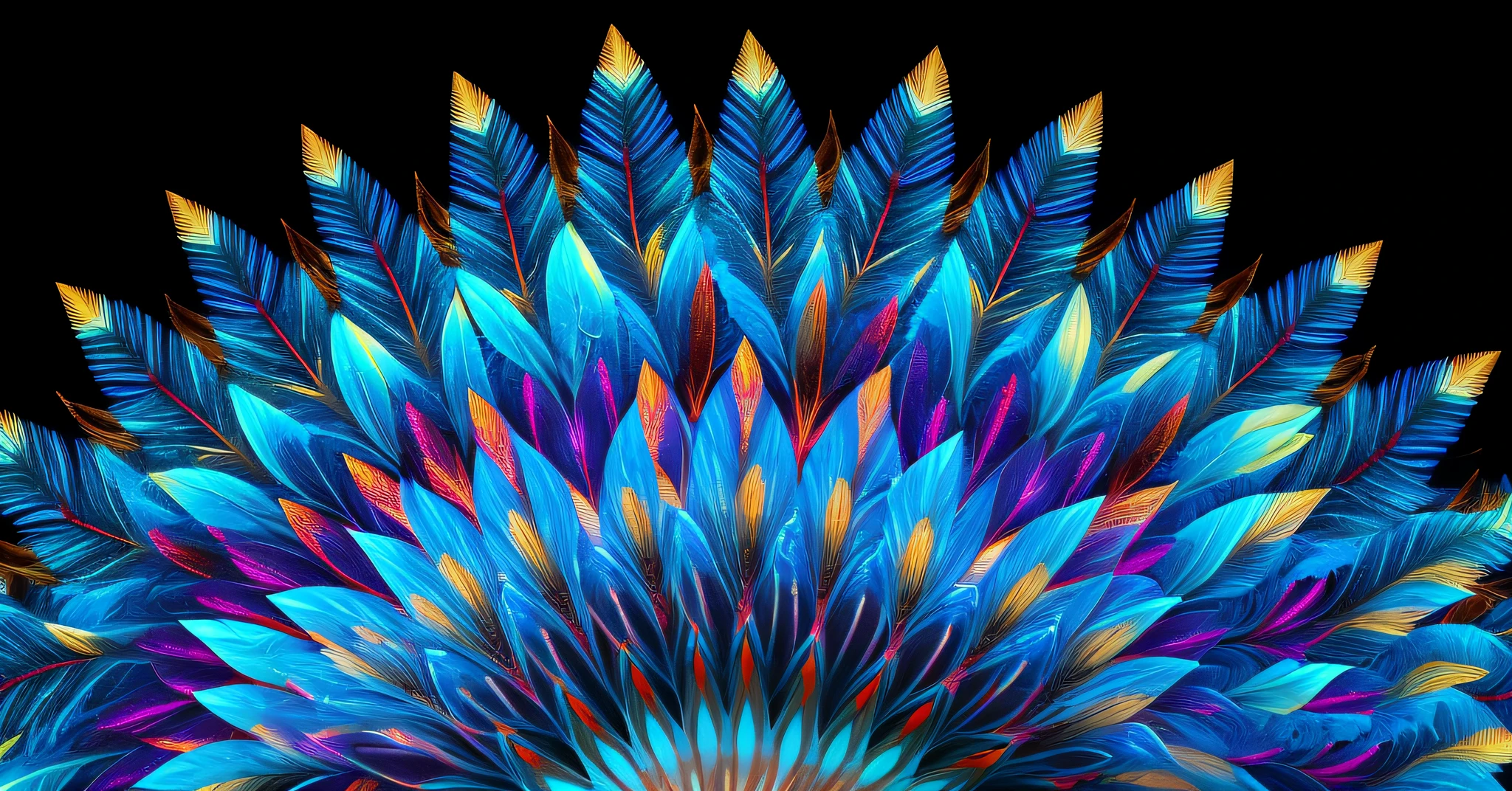Pattern of colorful feathers arranged on black background, glowing feathers, shiny rainbow feathers, LSD feathers, fractal feathers, feathers made of fractals, colorful digital art, crystal clear, bright transparent golden flowers, fractal flowers, left and right symmetry, sparkling golden petals, reflected light, bright, ultra-clear, transparent golden flower petals, dream ocean background, focused light, surreal, magic, fantasy, popular at art station, 8k, HD,