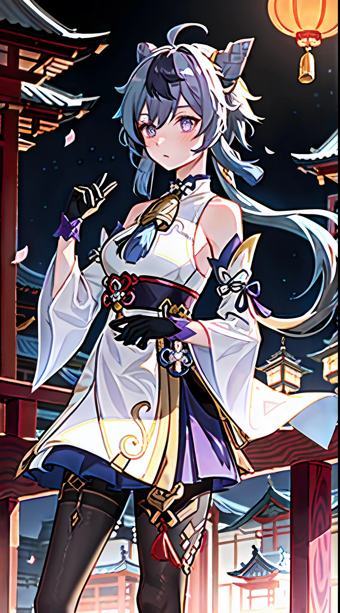 ganyu\(genshin impact\), 1girl, ahoge, architecture, bangs, bare shoulders, bell, black gloves, black tights, ((blue hair)), blush, breasts, chinese knot, sleeves, East Asian architecture, flower knot, gloves, horns, long hair, looking at the audience, medium chest, purple hair, neckbell, night, outdoors, pantyhose, purple eyes, sideburns, solo, tassels, white sleeves, ((masterpiece))