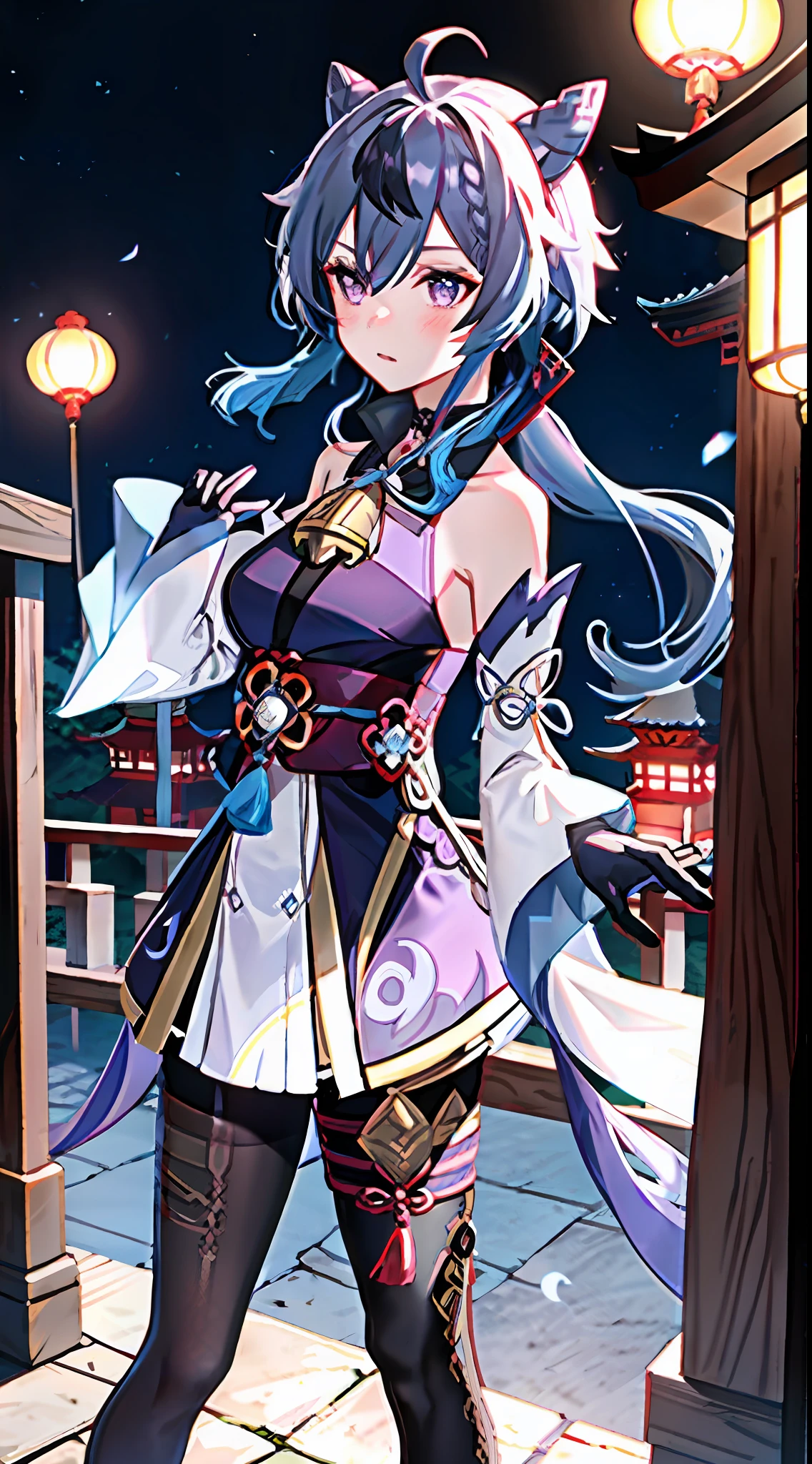 ganyu\(genshin impact\), 1girl, ahoge, architecture, bangs, bare shoulders, bell, black gloves, black tights, ((blue hair)), blush, breasts, chinese knot, sleeves, East Asian architecture, flower knot, gloves, horns, long hair, looking at the audience, medium chest, purple hair, neckbell, night, outdoors, pantyhose, purple eyes, sideburns, solo, tassels, white sleeves, ((masterpiece))