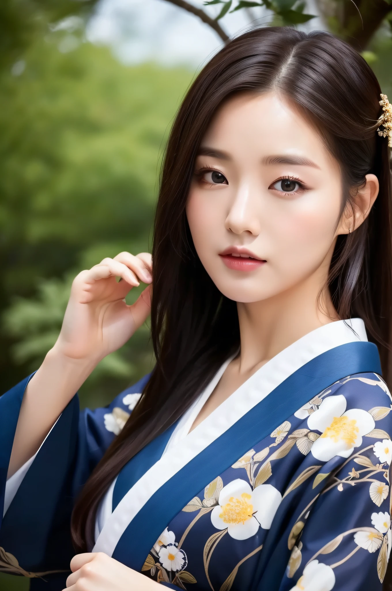 ((Top Quality, 8K, Masterpiece: 1.3)), Sharp Focus: 1.2, (Super Beautiful Face: 1.0), (Slender Abs Beauty: 1.0), (Shiny Skin: 1.0), Realistic Photography, Black Hair, Realistic Pupils, Video Lighting, High Definition Eyes and Face, Video Lighting,  (Cowboy Shot: 1.3), kimono, hakama, obi, (Korean Cute Actress), in nature, traditional kimono