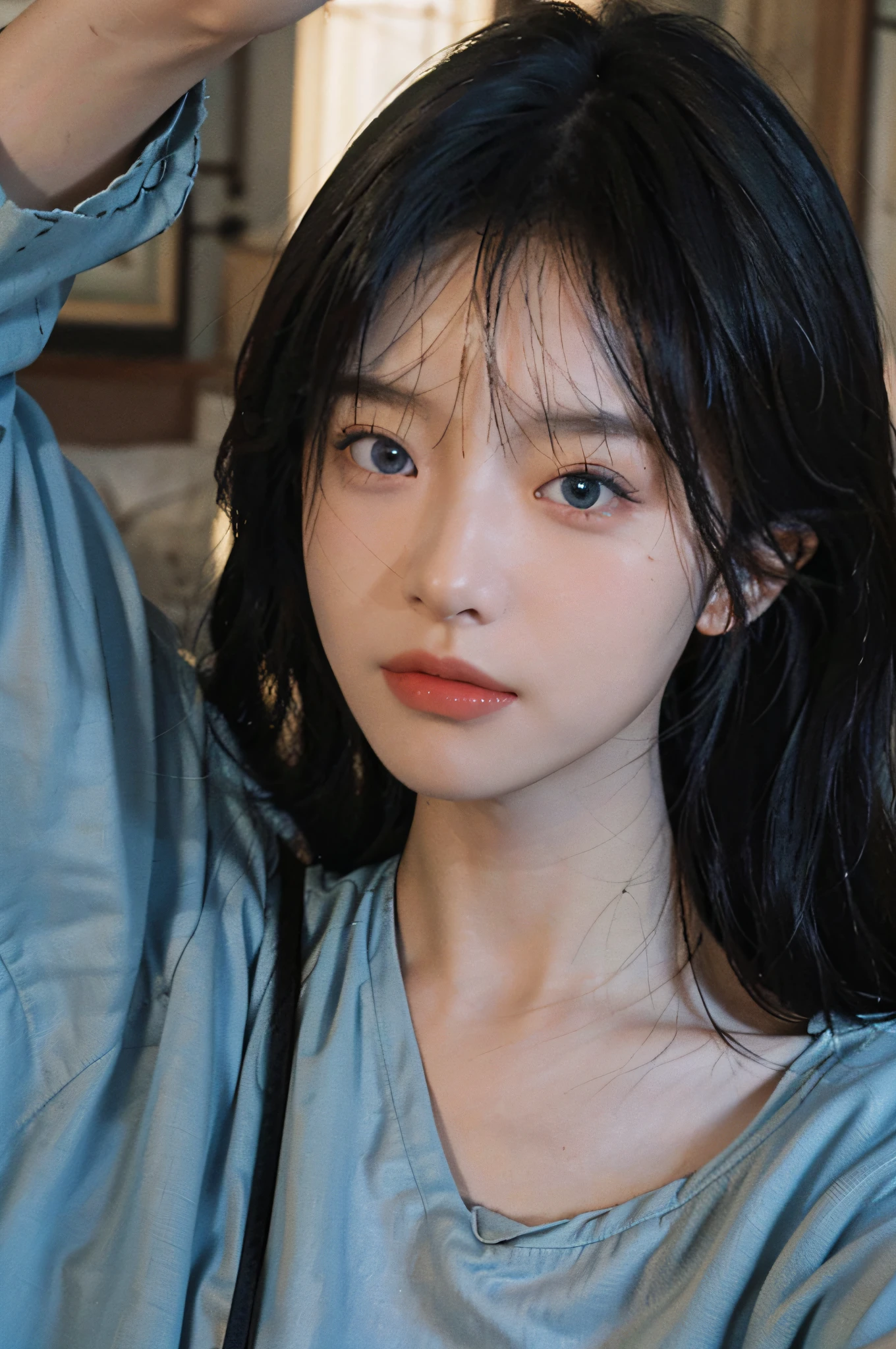 8K, Best Quality, Masterpiece, Ultra High Resolution, (Realism: 1.4), Original Photo, (True Skin Texture: 1.3), (Film Grain: 1.3), (Selfie Angle), 1 Girl, Beautiful Blue Eyes and Face Details, Masterpiece, Best Quality, Close-up, Upper Body, Looking at the Viewer