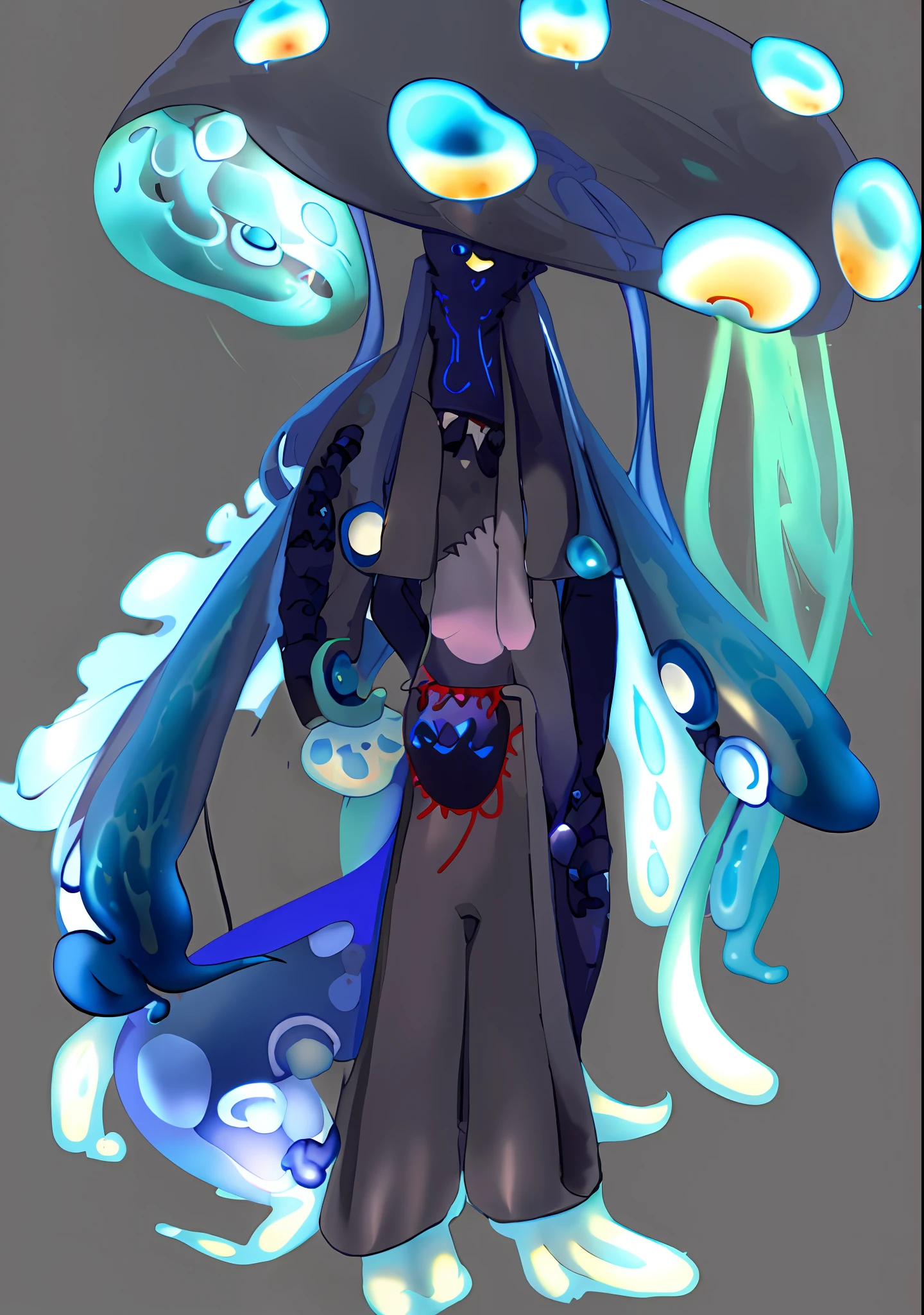 Jellyfish anthropomorphism, anthropomorphic jellyfish, merging characters, in the style of Cytus and Deemo, humanoid blue inky jellyfish girl, portrait of a jellyfish wizard, anthropomorphic jellyfish, tentacle monster, anthropomorphic robot, faceless, blue-black suit
