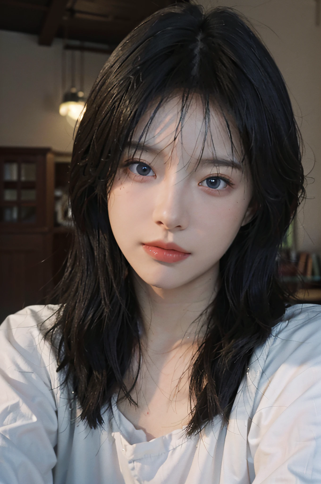 8K, Best Quality, Masterpiece, Ultra High Resolution, (Realism: 1.4), Original Photo, (True Skin Texture: 1.3), (Film Grain: 1.3), (Selfie Angle), 1 Girl, Beautiful Blue Eyes and Face Details, Masterpiece, Best Quality, Close-up, Upper Body, Looking at the Viewer