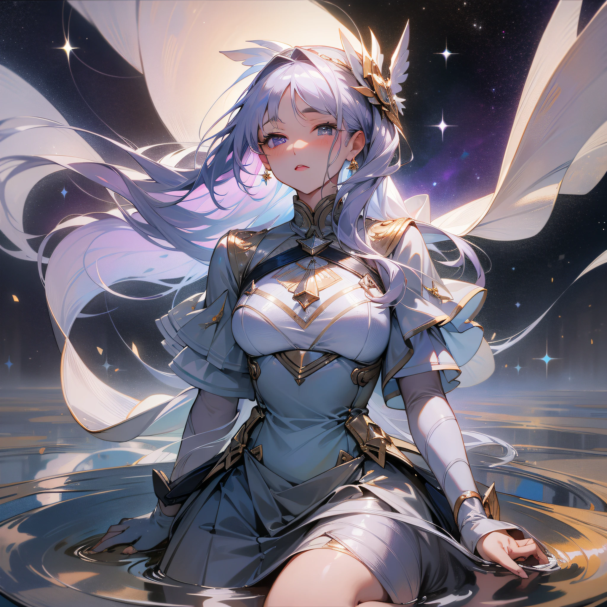 Masterpiece, 8K, (film grain) ((ultra-realistic details)), girl, long silver hair flowing in the wind, hair wrapped in silver ornaments, light purple gauze skirt, right hand to ear, left hand with skirt, half kneeling by the river, ripples in the water, sparkling, several white reeds swinging with the wind, starry in the sky, the galaxy in the distance