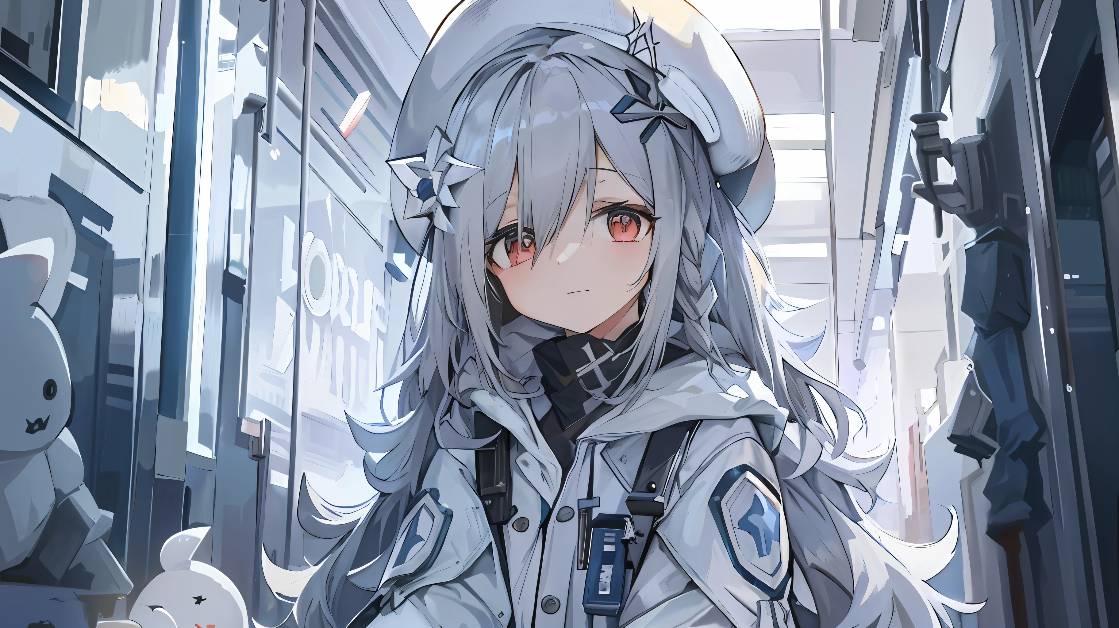 anime girl with long hair and white coat standing in a hallway, girls frontline style, from girls frontline, from arknights, portrait anime space cadet girl, cute anime girl, anime visual of a cute girl, silver hair girl, an anime girl, anime mecha aesthetic, anime aesthetic, beautiful anime portrait, portrait anime girl, pretty anime girl, beautiful anime girl