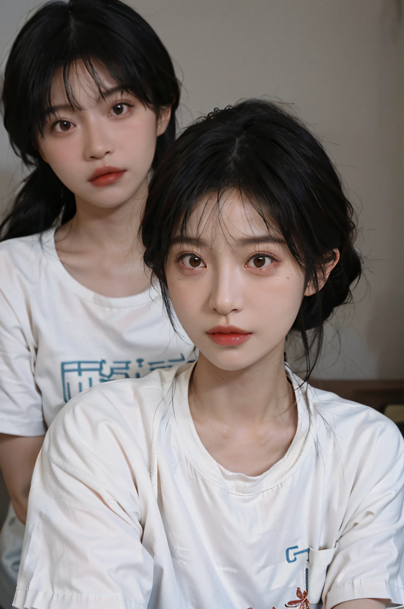 Temperament girl, delicate facial features, bangs, brown ponytail, messy hair, hair is very realistic, wearing a white shirt with short sleeves, the background is the sky, sea view, Du Qiong, exquisite makeup, light red lips, big eyes, double eyelids, black holes, bright eyes, symmetrical face, face is very real, meticulously portrayed the girl's face, blush, super high appearance, looking at the audience, very realistic skin, skin oil reflection, artwork, clothes with real fabric texture, realistic painting, film style, Photography level, ray tracing, realistic light and shadow effects, realism, masterpiece, just like the top photography effect, 8K
