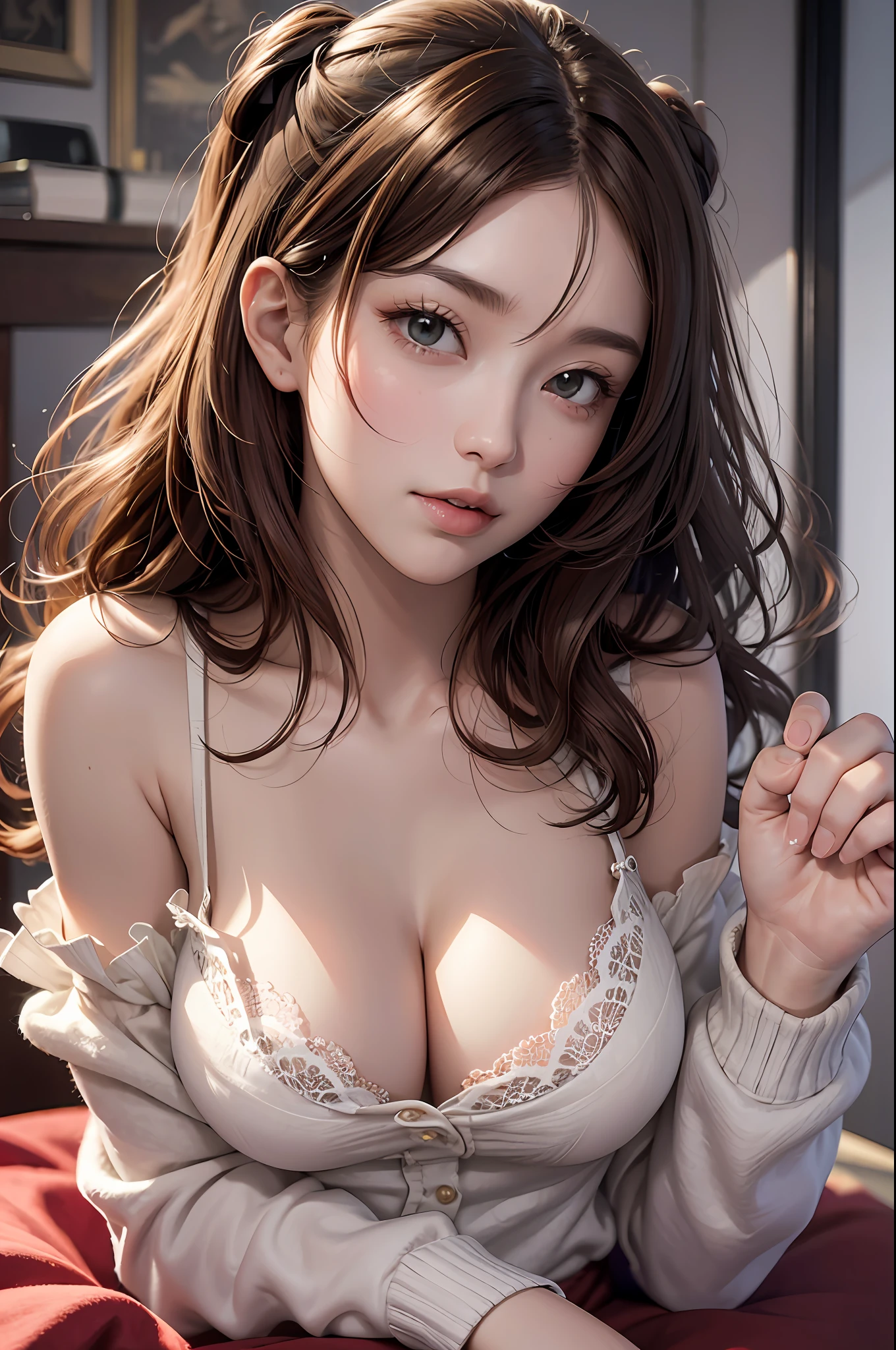 (Best Quality, 8k, 32k, Masterpiece, UHD: 1.3), Attractive Japan Female Pictures, One Girl, (Big: 1.2), Erotic Underwear Style, Lace, Lace Cardigan, Red, Undressed, Shoulder Out, Super Cute, Pastel Colors, Upper Body to Thighs, Nice Perfect Face with Soft Skin, Gorgeous Wavy Long Brown Hair, 8
K resolution, ultra-realistic, ultra-detailed, high quality, living, large
Bile Pose Cute Pose --auto --s2