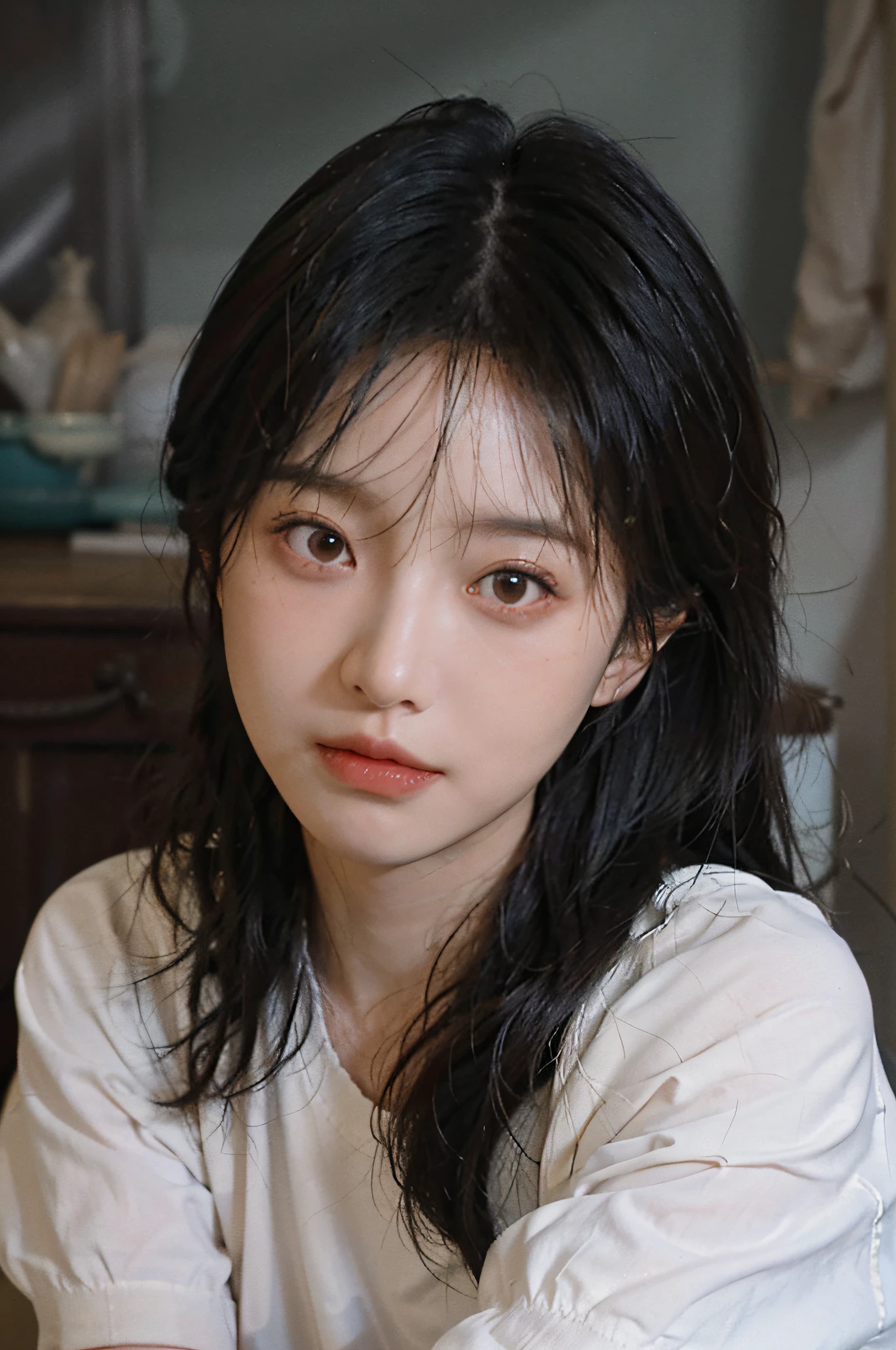 Temperament girl, delicate facial features, bangs, brown ponytail, messy hair, hair is very realistic, wearing a white shirt with short sleeves, the background is the sky, sea view, Du Qiong, exquisite makeup, light red lips, big eyes, double eyelids, black holes, bright eyes, symmetrical face, face is very real, meticulously portrayed the girl's face, blush, super high appearance, looking at the audience, very realistic skin, skin oil reflection, artwork, clothes with real fabric texture, realistic painting, film style, Photography level, ray tracing, realistic light and shadow effects, realism, masterpiece, just like the top photography effect, 8K