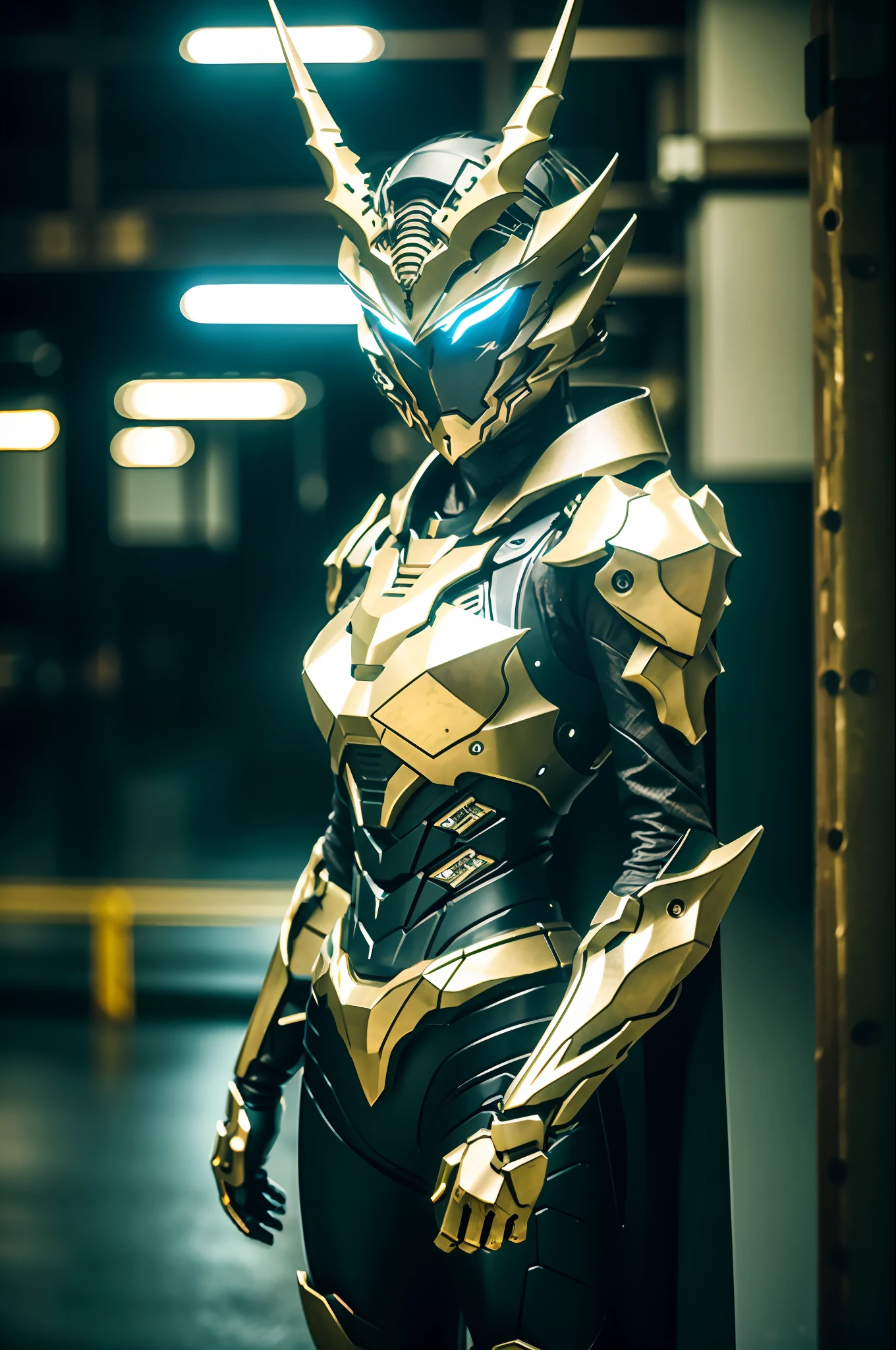 ((1girl)),  digital camouflage, horns, wings,  mechanical arms, glowing eyes,   science fiction,   bulky stacked armor ,  mecha,  
cape, dynamic pose
 wires, sci-fi elements
depth of field, bokeh, professional photo, (best quality, high quality, absurdres, intricate detail, masterpiece, cinematic, moody, dramatic), highly detailed, photorealistic, sharp focus, motion blur, film grain, noise, lens effects,  
dark room, dim light
masterpiece, best quality,