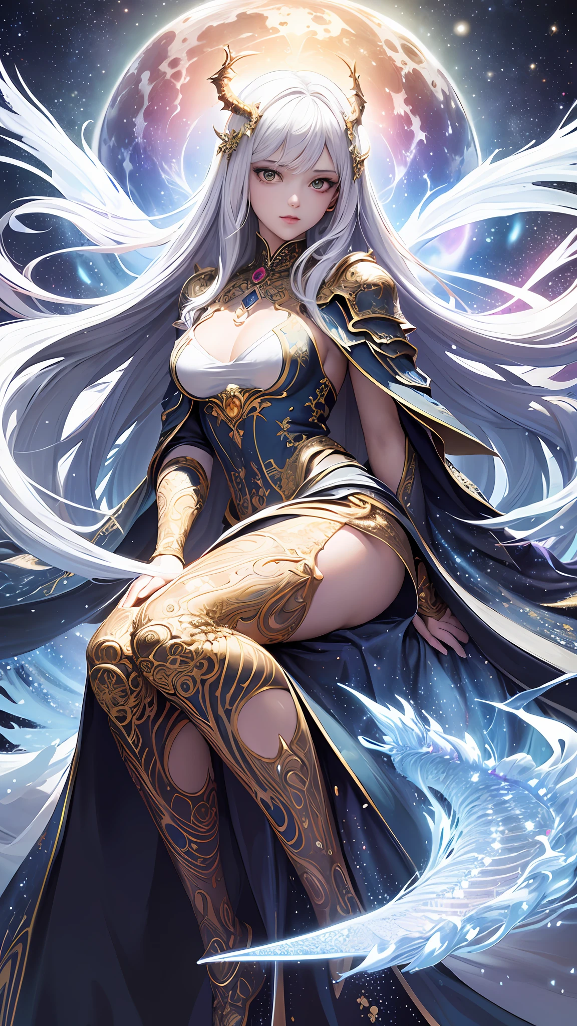 (masterpiece, top quality, best quality, official art, beautiful and aesthetic:1.2), (1girl), extreme detailed eyes, (fractal art:1.3), colorful, highest detailed, (perfect face), shiny skin, HDR, (white cloak golden lines:1.2), galaxy, (light streaks), striking visuals, (dynamic streaks, luminous trails:1.2), vibrant colors, (phoenix), (dragon)
