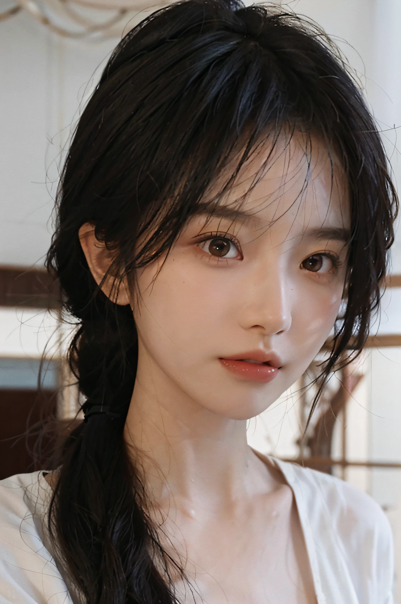 Temperament girl, delicate facial features, bangs, brown ponytail, messy hair, hair is very realistic, wearing a white shirt with short sleeves, the background is the sky, sea view, Du Qiong, exquisite makeup, light red lips, big eyes, double eyelids, black holes, bright eyes, symmetrical face, face is very real, meticulously portrayed the girl's face, blush, super high appearance, looking at the audience, very realistic skin, skin oil reflection, artwork, clothes with real fabric texture, realistic painting, film style, Photography level, ray tracing, real light and shadow effects, realism, masterpiece, just like the top photography effect, 8K highest quality picture quality is full