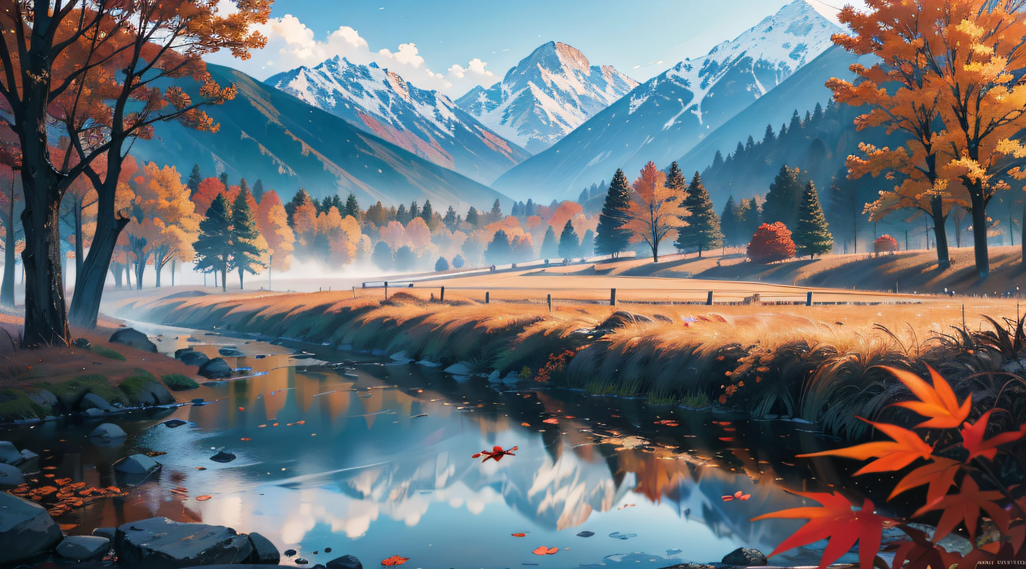 Wallpaper, Autumn Festival, Cereals, Woods, Mountains, HD Detail, Wet Watermark, Hyperdetail, Cinematic, Surrealism, Soft Light, Deep Field Focus Bokeh, Ray Tracing, Diffusion (Ultrafine Glass Reflection) and Surrealism. --v6