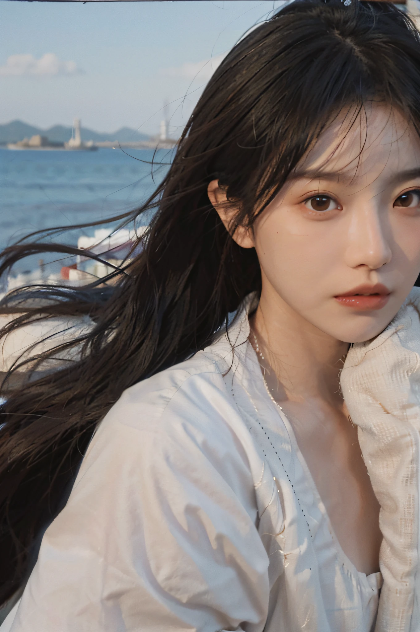 Temperament girl, delicate facial features, bangs, brown ponytail, messy hair, hair is very realistic, wearing a white shirt with short sleeves, the background is the sky, sea view, Du Qiong, exquisite makeup, light red lips, big eyes, double eyelids, black holes, bright eyes, symmetrical face, face is very real, meticulously portrayed the girl's face, blush, super high appearance, looking at the audience, very realistic skin, skin oil reflection, artwork, clothes with real fabric texture, realistic painting, film style, Photography level, ray tracing, real light and shadow effects, realism, masterpiece, just like the top photography effect, 8K highest quality picture quality is full