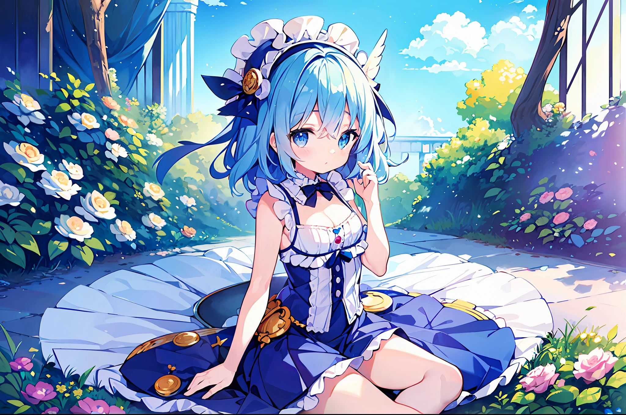 (Masterpiece), (Best Quality), Official Art, One Little Girl, Loli with Pale Light Blue Hair, One Piece, Sleeveless, Small Breasts, Cleavage, Absolute Realm, Blue Sky and Meadow