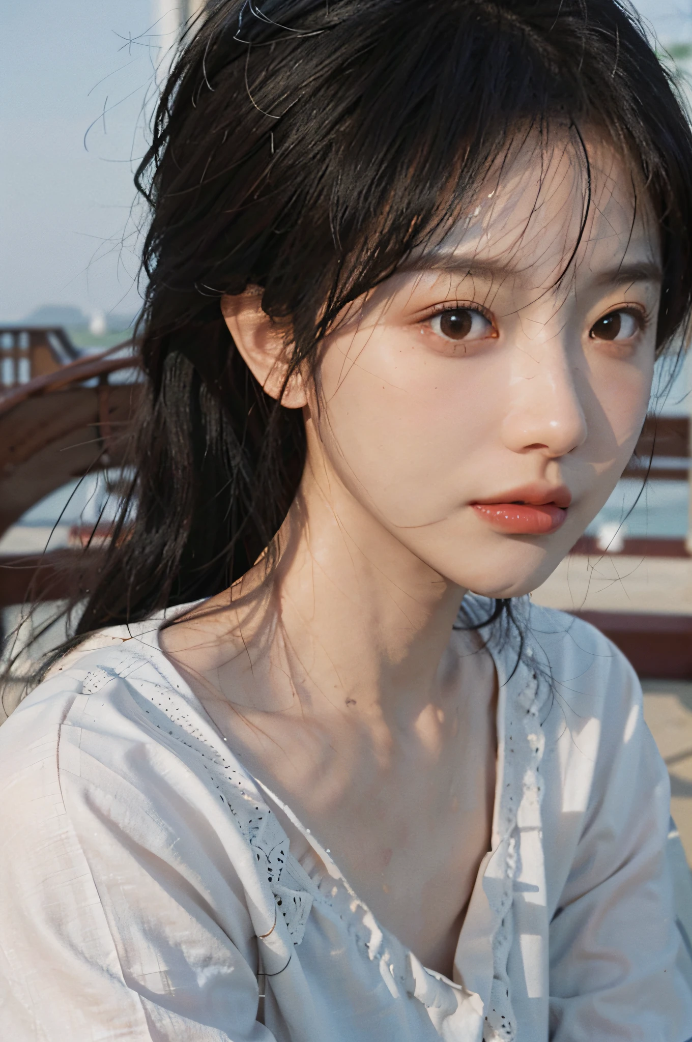 Temperament girl, delicate facial features, bangs, brown ponytail, messy hair, hair is very realistic, wearing a white shirt with short sleeves, the background is the sky, sea view, Du Qiong, exquisite makeup, light red lips, big eyes, double eyelids, black holes, bright eyes, symmetrical face, face is very real, meticulously portrayed the girl's face, blush, super high appearance, looking at the audience, very realistic skin, skin oil reflection, artwork, clothes with real fabric texture, realistic painting, film style, Photography level, ray tracing, real light and shadow effects, realism, masterpiece, just like the top photography effect, 8K highest quality picture quality is full
