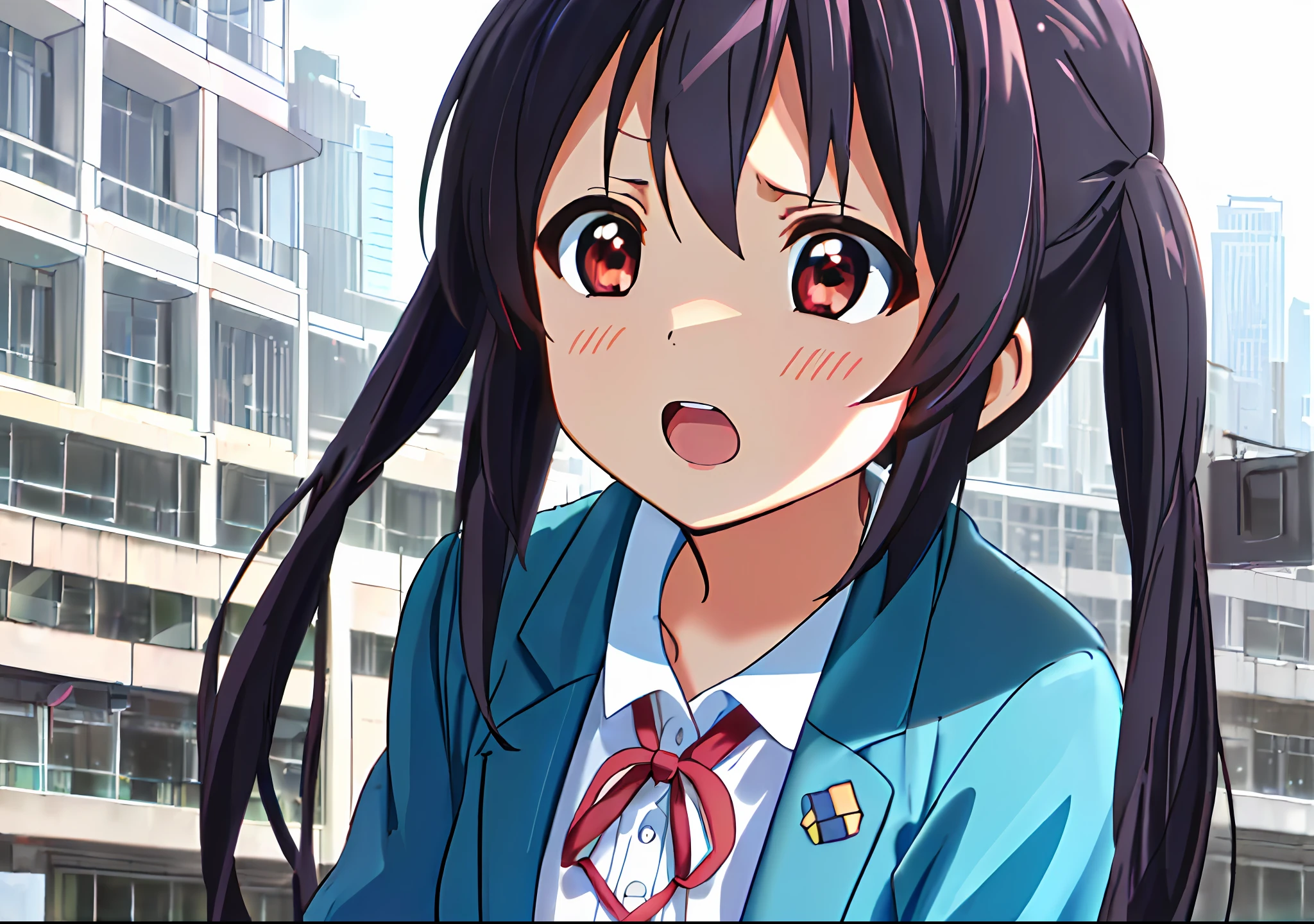 1girl, ((((Masterpiece))), Best Quality, Best Quality, High Detail, Azusa Nakano, 1girl, Sakuragaoka High School Uniform, Musical Instrument, School Uniform, Twin Tails, Long Hair, Black Hair, Brown Eyes, Solo, Red, Dark blue blazer with a thin ribbon of red, Solid white button shirt under blazer, Illustration, Cartoon, Soothing tones, Muted colors, Soft cinematic light, Adobe Lightroom, Photo Lab, HDR, complex and highly detailed, (((depth of field))))). (((Masterpiece))). (((highest quality))).) ((super detail))). (((Illustration))). (((Outside))). (((fighting stance))).,((((Giantization))).dynamic focus.small breasts. (((skyscrapers))). (((Cityscape))). (((Face of sadness))). open mouth.
