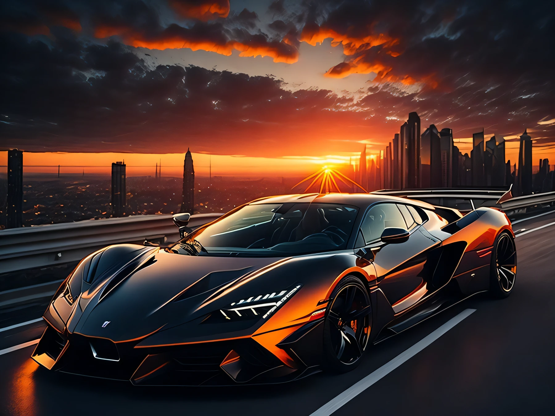 luxury car, sunset, view from roof, city lights in the background, road