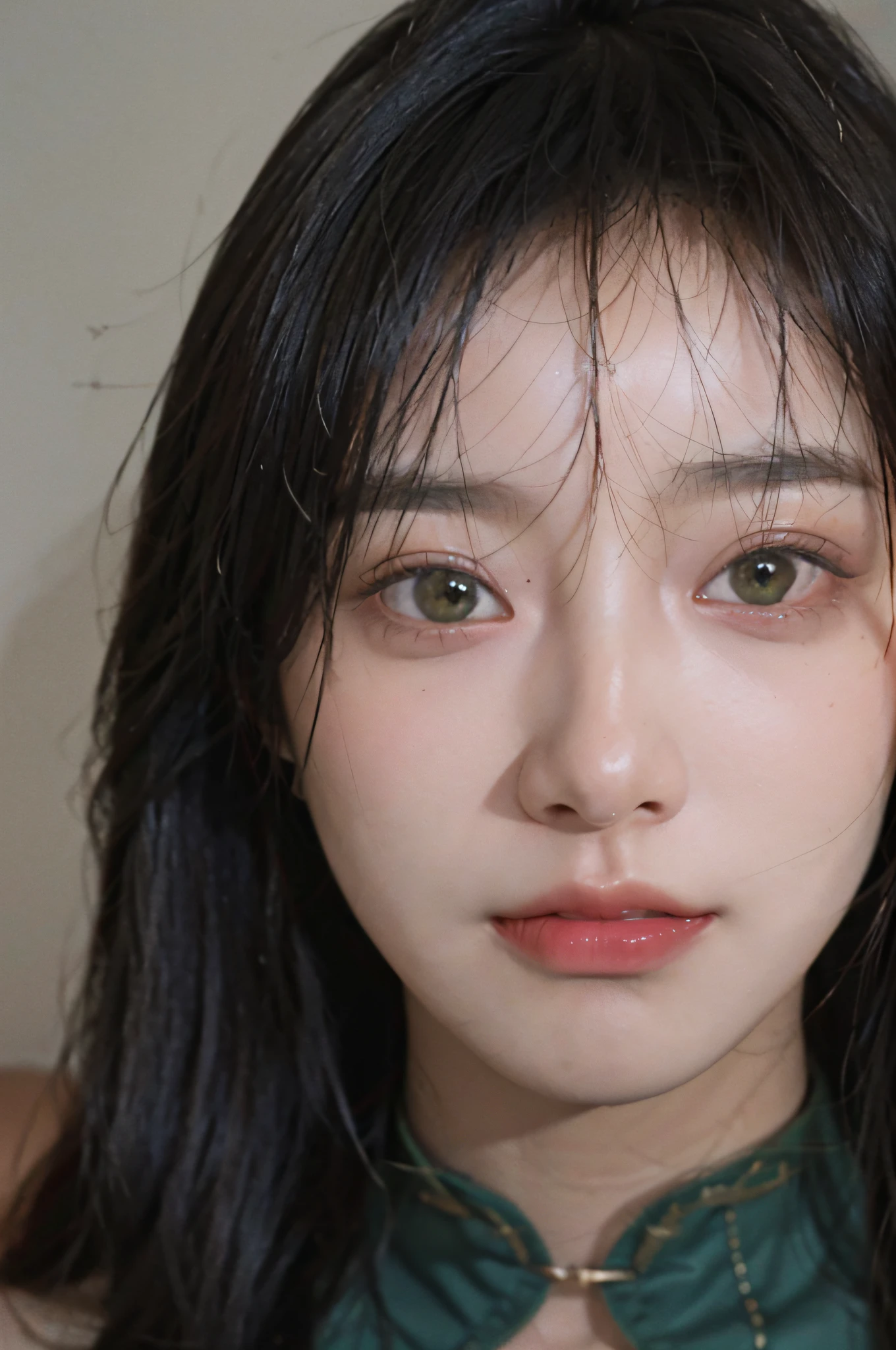 8K, Best Quality, Masterpiece, Ultra High Resolution, (Realism: 1.4), Original Photo, (True Skin Texture: 1.3), (Film Grain: 1.3), (Selfie Angle), 1 Girl, Beautiful Emerald Eyes and Face Details, Masterpiece, Best Quality, Close-up, Upper Body, Watch the Viewer Pull Full of Highest Quality Picture Quality