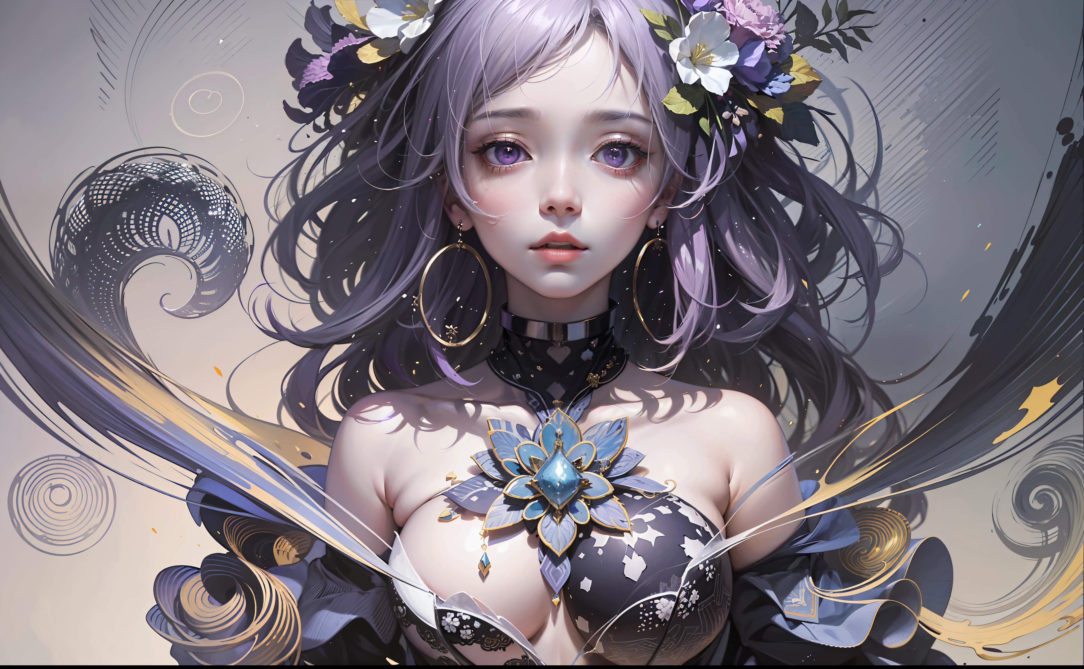 official art, unity 8k wallpaper, ultra detailed, beautiful and aesthetic, masterpiece, best quality, (zentangle, mandala, tangle, entangle), (fractal art:1.3) , 1girl, extremely detailed, dynamic angle, the most beautiful form of chaos, elegant, a brutalist designed, vivid colours, romanticism, by james jean, roby dwi antono, ross tran, francis bacon, michal mraz, adrian ghenie, petra cortright, gerhard richter, takato yamamoto, ashley wood, atmospheric, ecstasy of musical notes, streaming musical notes visible , ear wolf, blood effect , purple flower background , (water purple splash) ,