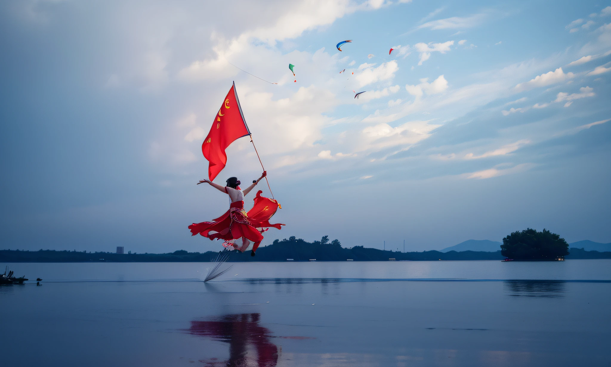 araffe flying a kite in the air with a red flag, by Shen Che-Tsai, red flag, flying scarlet phoenix, by Yan Hui, by Fei Danxu, sergey zabelin, red flags holiday, nezha, by Shen Zhou, by Hristofor Zhefarovich, chinese ribbon dance, by Bernardino Mei, by Yi Jaegwan