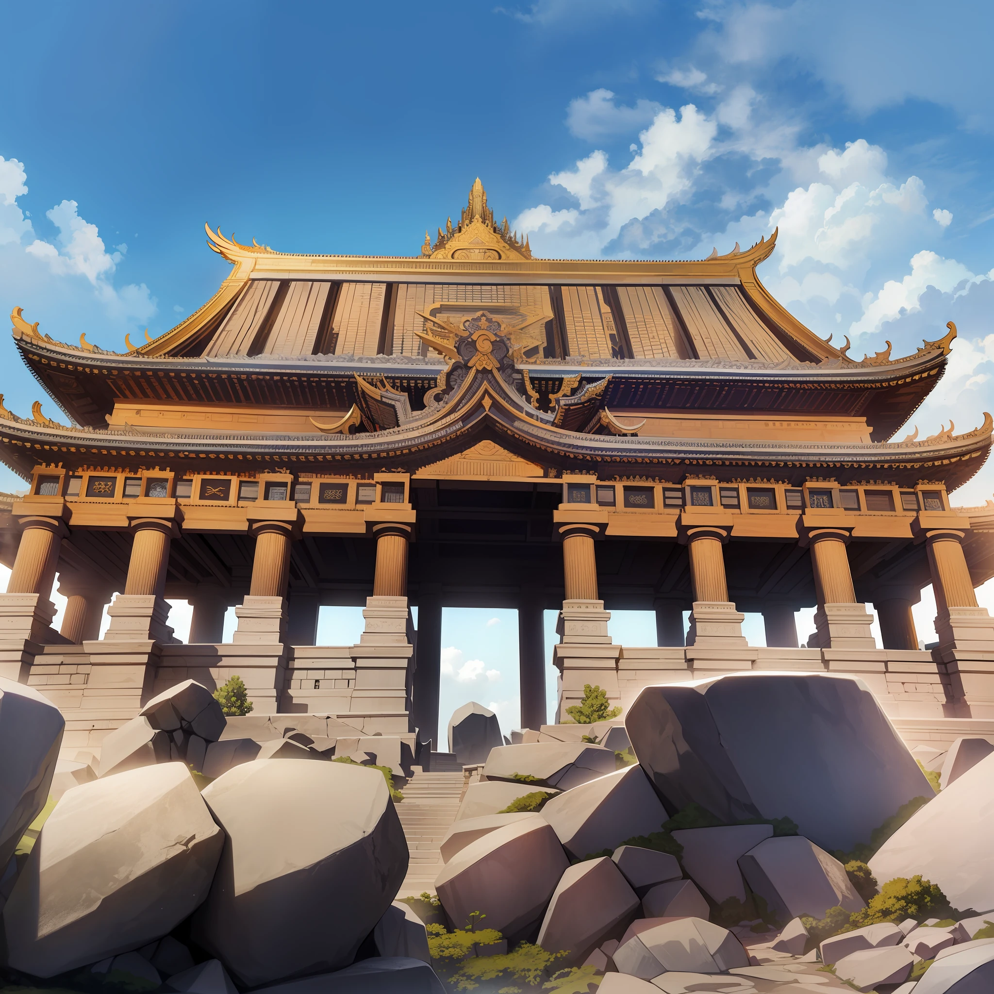 It is called the Great Rock Hall. The huge rock layers are stacked, the temple is majestic, and the abrupt boulders in all directions are like towering divine beasts, huge and majestic.