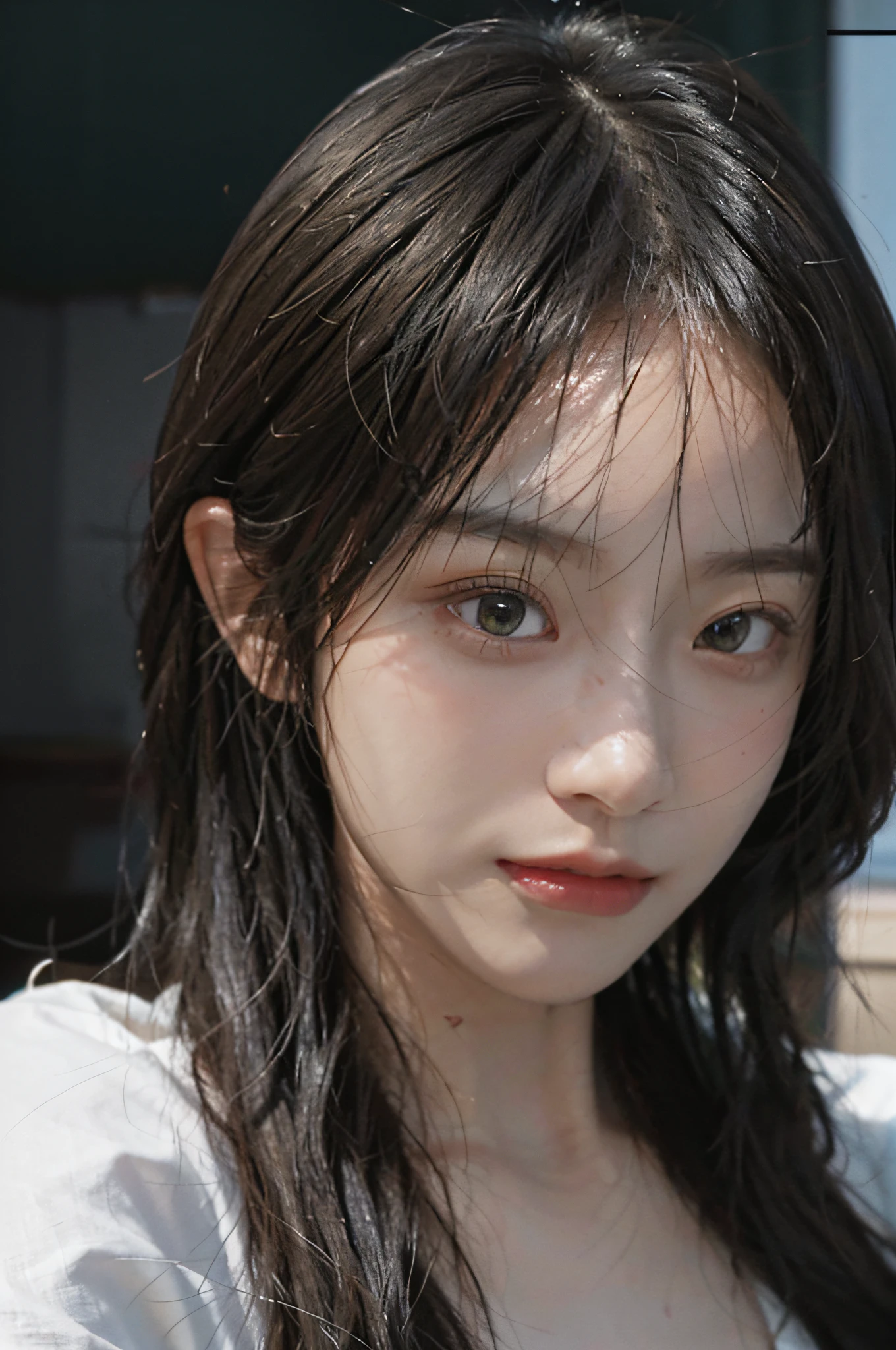 8K, Best Quality, Masterpiece, Ultra High Resolution, (Realism: 1.4), Original Photo, (True Skin Texture: 1.3), (Film Grain: 1.3), (Selfie Angle), 1 Girl, Beautiful Emerald Eyes and Face Details, Masterpiece, Best Quality, Close-up, Upper Body, Watch the Viewer Pull Full of Highest Quality Picture Quality