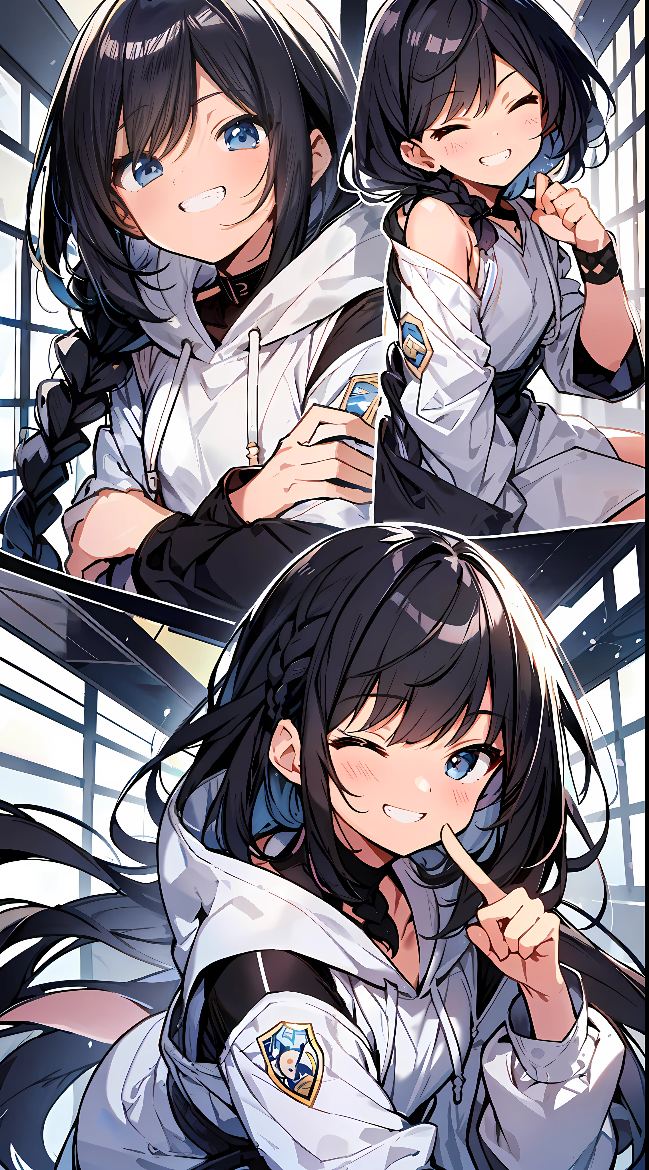 Top Quality, Best Masterpiece, Ultra High Resolution, 8k, White Hoodie, Anime-style Little Loli, (1 person), Ultra Detailed Line Art, Digital Enhancement, Anime Core, Flowing Fabric, Close Up, ((Hair length to shoulder and short braid)), staring at us from the front, soft drawing, beautiful black hair, crisp eyes, grin, teeth, wide mouth, closed eyes, highfive, ultra-detailed digital anime art, clear face depictions, ultra-detailed anime character art, ultra-detailed manga style, top quality colors, hand gestures, foot-up angles, indoors