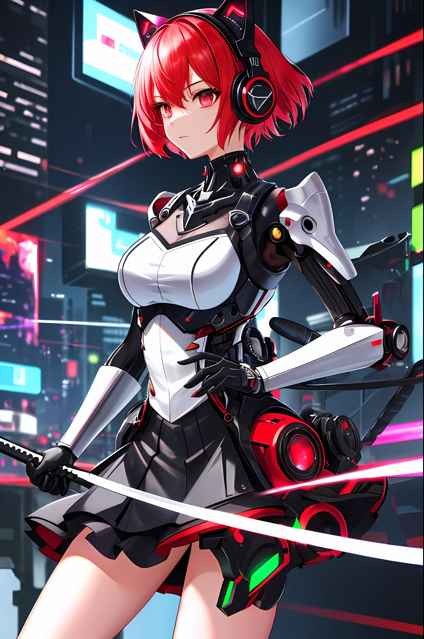 Absurdity, intricate details, highly detailed 8K wallpaper, (transcendent beautiful girl: 1.5), BREAK, scarlet hair, short hair, (exoskeleton mini dress), (red eye: 1.1), BREAK, (mechanical joints, mechanical limbs: 1.4), perfect five fingers, break, armpits, absolute area, (cat ear headphones), (black mini skirt), cyberpunk, dynamic angle, Neon glowing city,