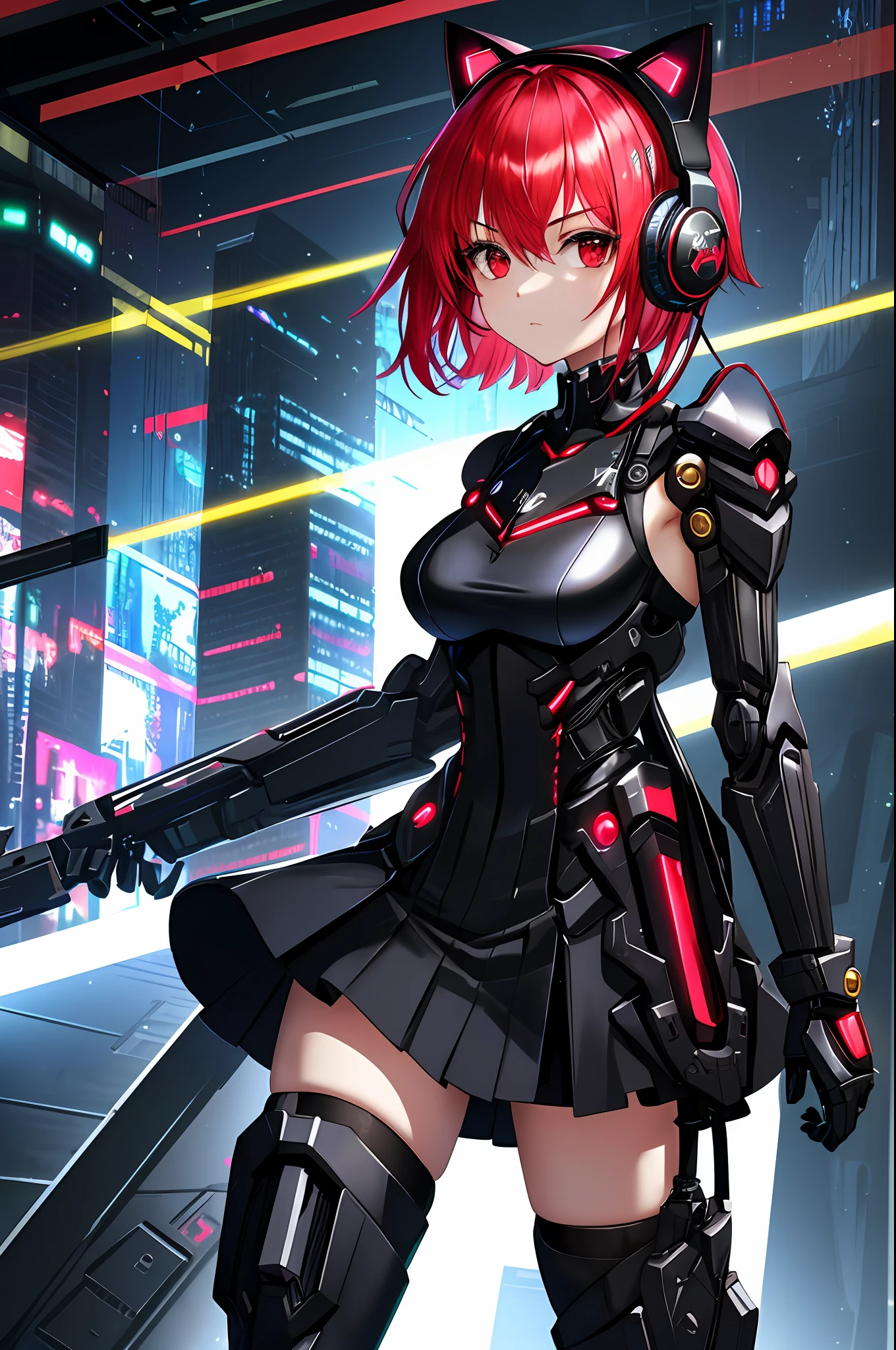 Absurdity, intricate details, highly detailed 8K wallpaper, (transcendent beautiful girl: 1.5), BREAK, scarlet hair, short hair, (exoskeleton mini dress), (red eye: 1.1), BREAK, (mechanical joints, mechanical limbs: 1.4), perfect five fingers, break, armpits, absolute area, (cat ear headphones), (black mini skirt), cyberpunk, dynamic angle, Neon glowing city,