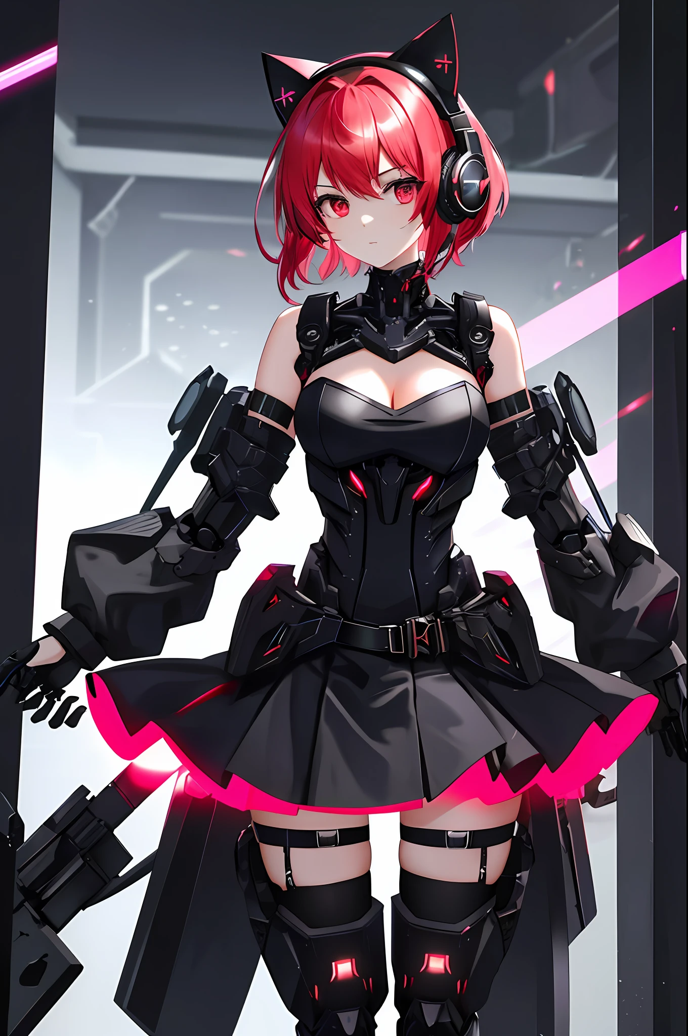 Absurdity, intricate details, highly detailed 8K wallpaper, (transcendent beautiful girl: 1.5), BREAK, scarlet hair, short hair, (exoskeleton mini dress), (red eye: 1.1), BREAK, (mechanical joints, mechanical limbs: 1.4), perfect five fingers, break, armpits, absolute area, (cat ear headphones), (black mini skirt), cyberpunk, dynamic angle, Neon glowing city,
