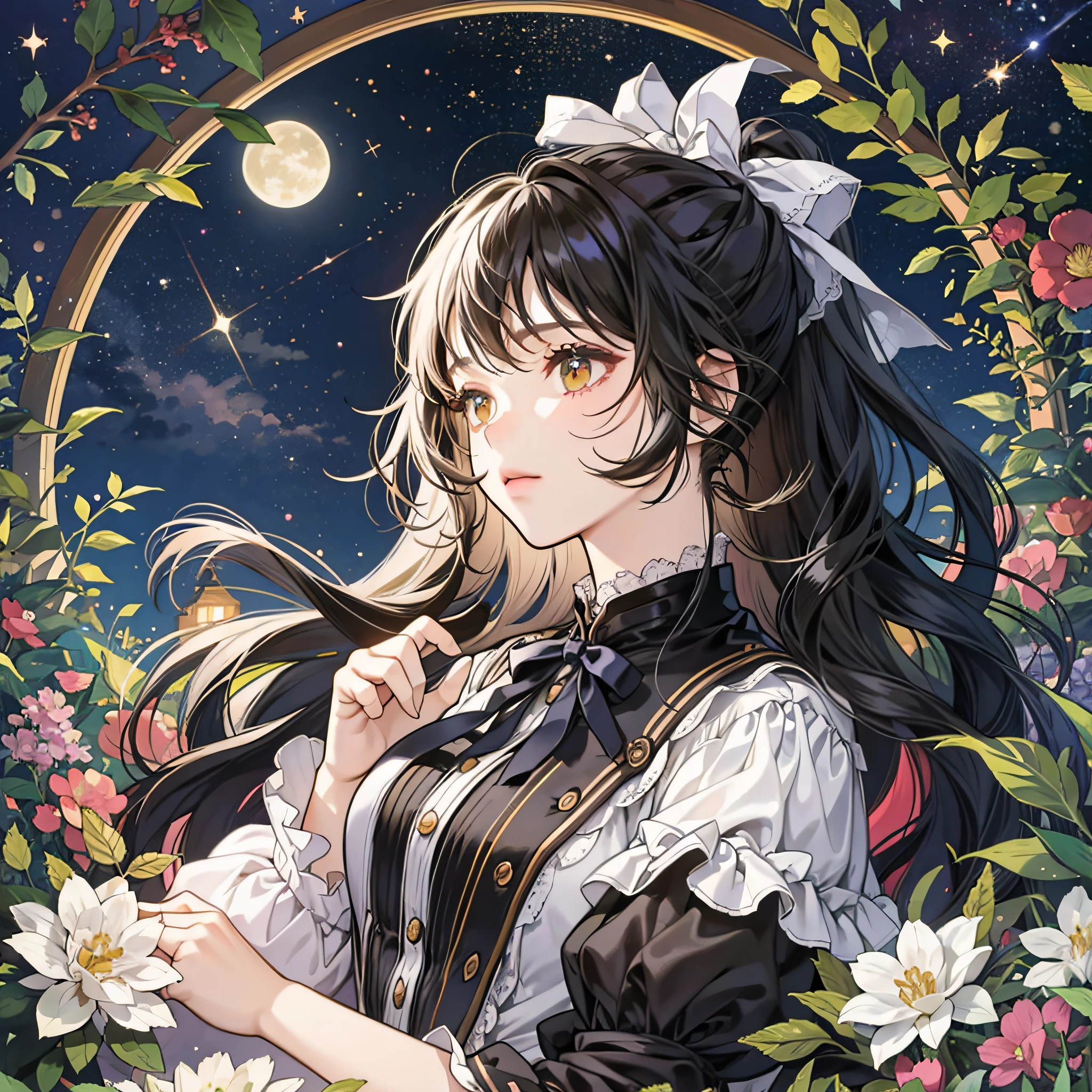 A ****** girl, Lolita, long black hair, bushes, sleeping, night, starry sky, white cat