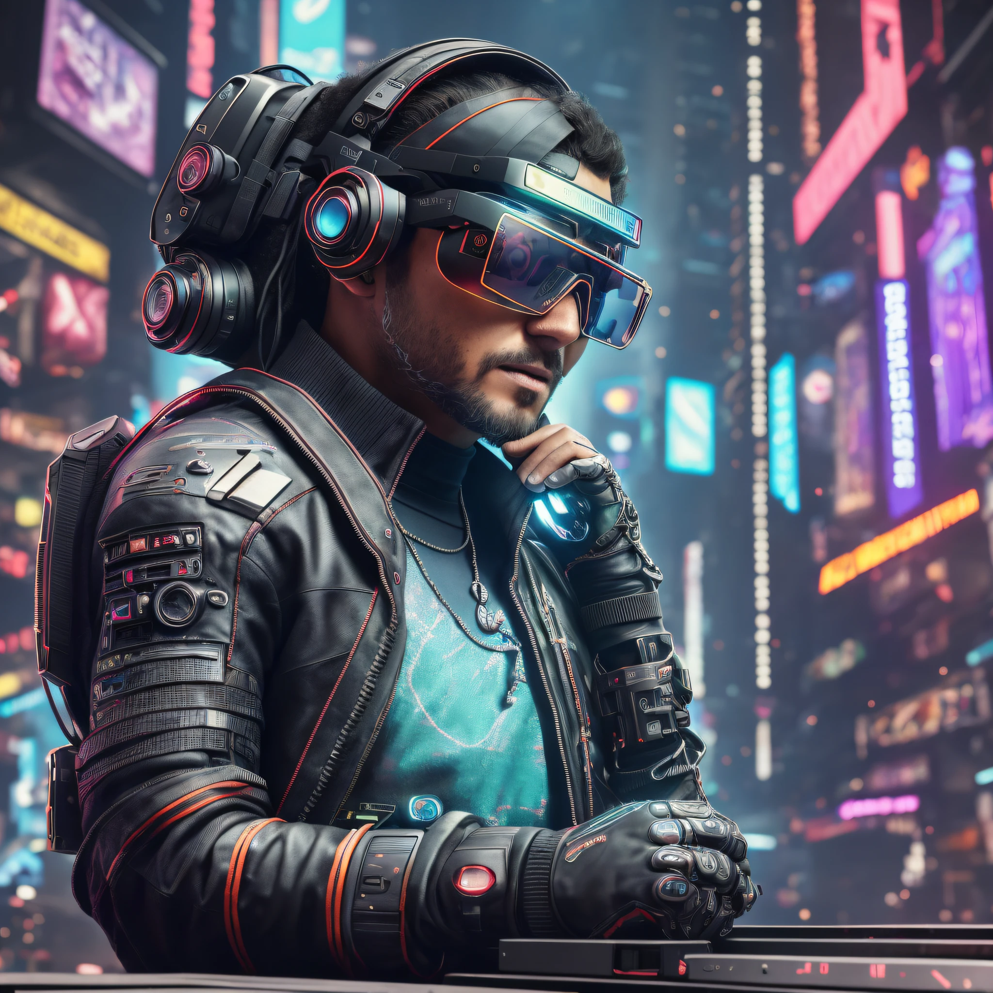 High quality HDR 8k color photography, gamer setup, computer, cyber punk, ultra technological gamer computer, (extremely detailed 32k image)), Canon EOS R3, well lit, flawless skin, (((augmented reality glasses)) detailed (detailed cyberpunk background) ray tracing, cinematic lighting, 8k, film grain --auto --s2