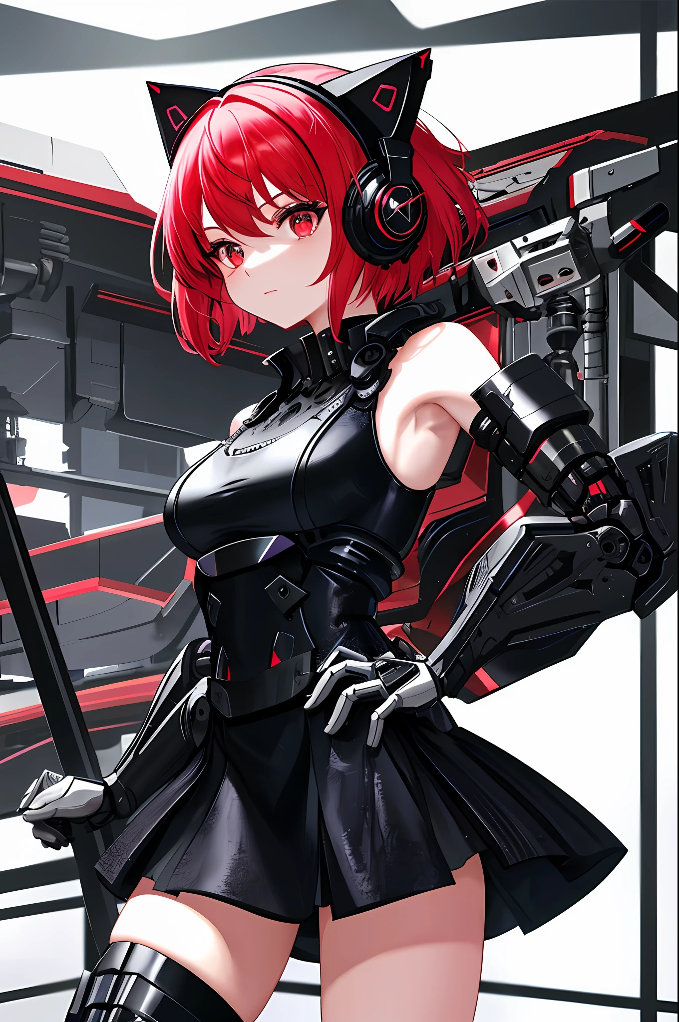 Absurdity, intricate details, highly detailed 8K wallpaper, (transcendent beautiful girl: 1.5), BREAK, scarlet hair, short hair, (exoskeleton mini dress), (red eye: 1.1), BREAK, (mechanical joints, mechanical limbs: 1.4), perfect five fingers, break, armpits, absolute area, (cat ear headphones), (black mini skirt), cyberpunk, dynamic angle, Neon glowing city,