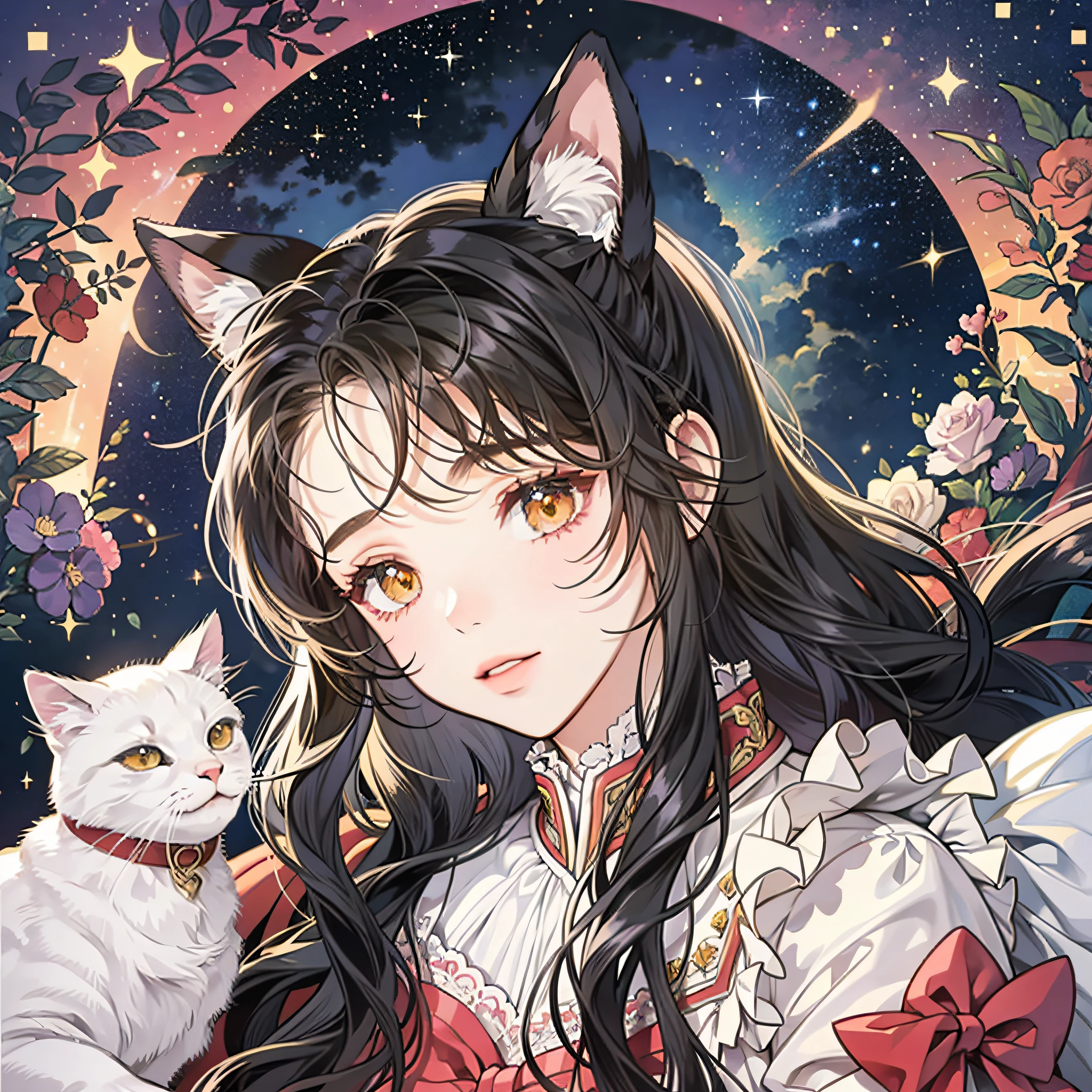 A , Lolita, lonack hair, bushes, sleeping, night, starry sky, white cat