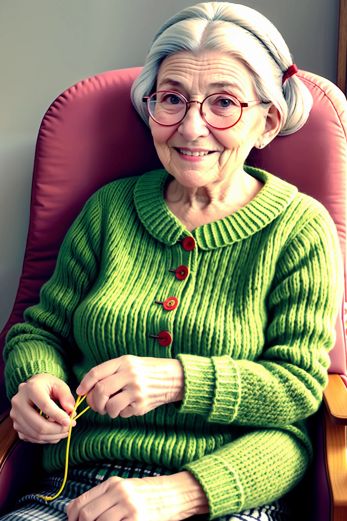 Grandma, knitting, smiling round glasses, knitting old woman in an armchair,