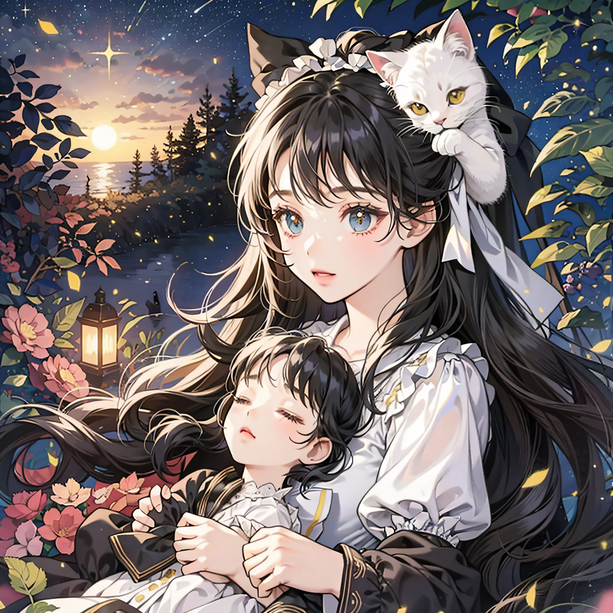 A , Lolita, lonack hair, bushes, sleeping, night, starry sky, white cat