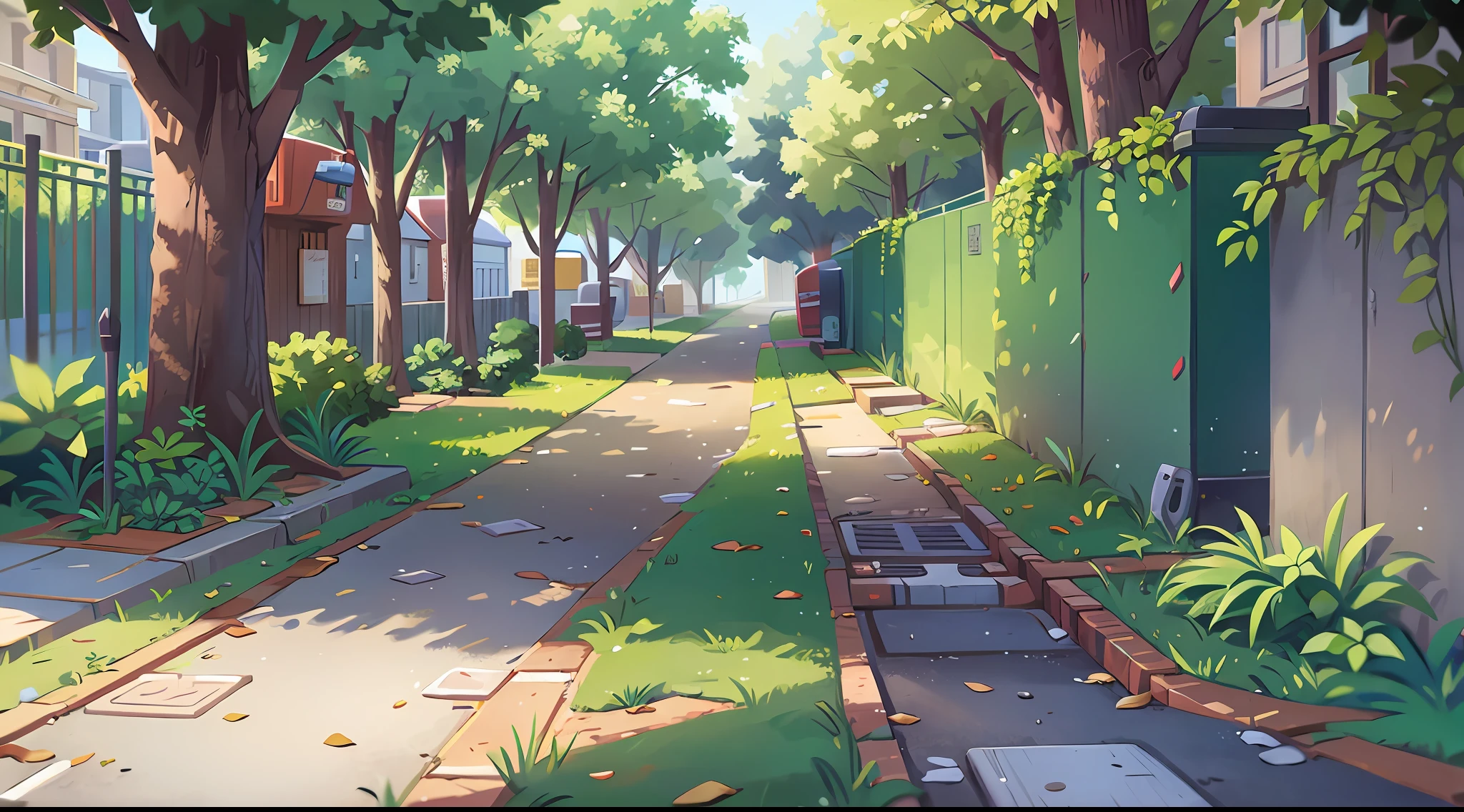 A sidewalk with trees and trash cans on the sidewalk, and a wall at the back