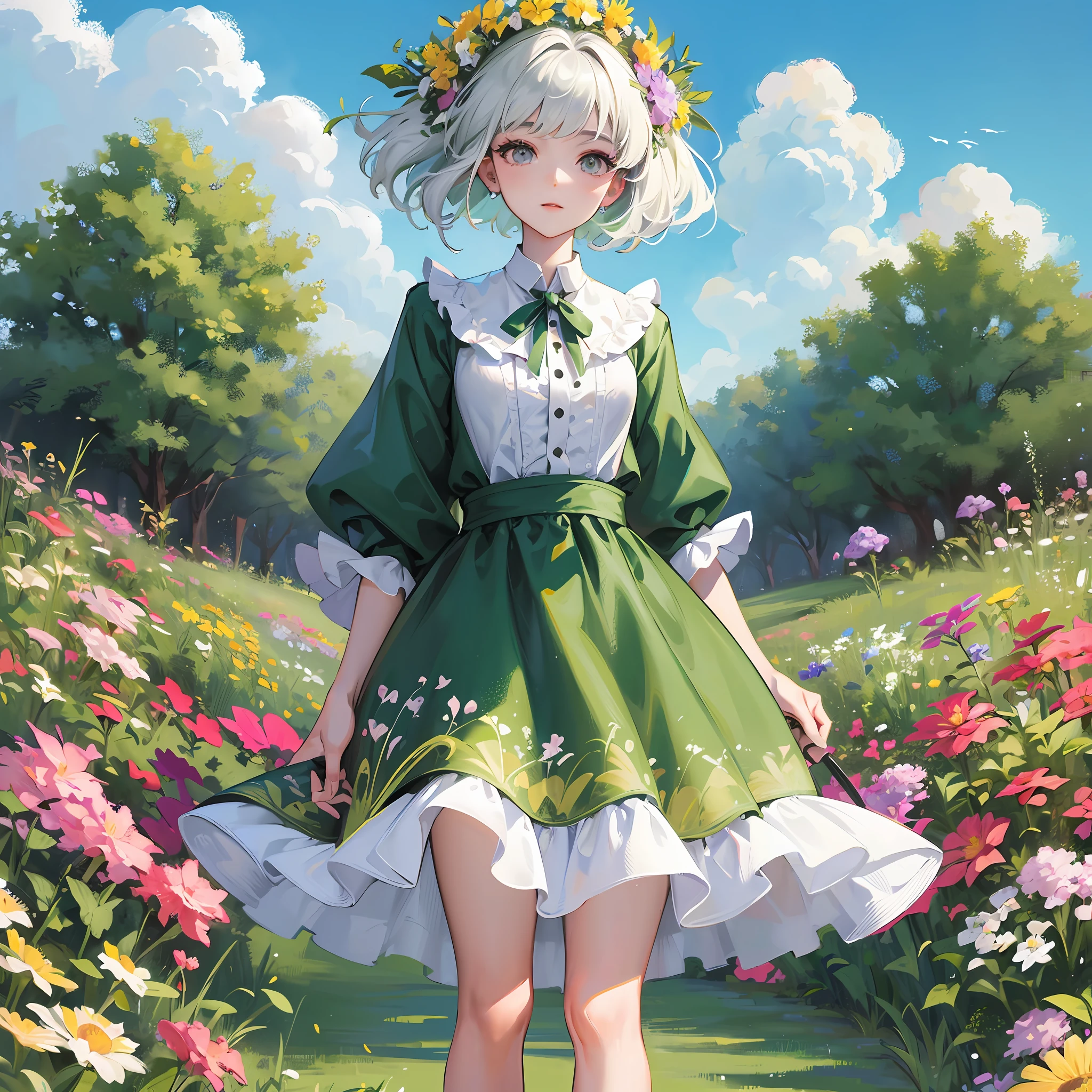 Masterpiece, best quality, JK girl standing on grass surrounded by bright flowers, green meadow, clean sky, short white hair --auto --s2