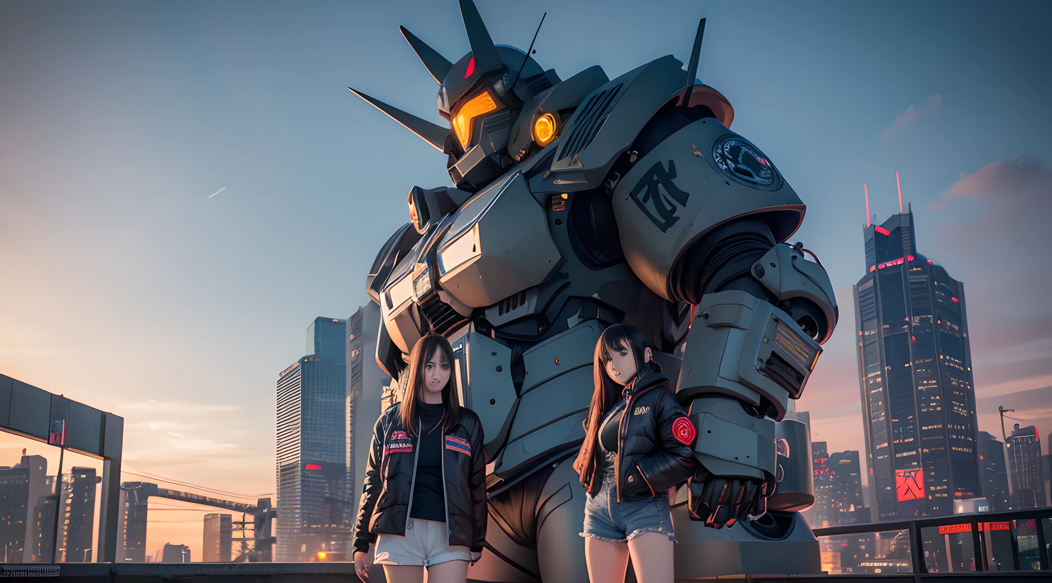 anime girl in short shorts and jacket standing next to giant robot, artwork in the style of guweiz, cyberpunk anime girl mech, trending on cgstation, guweiz, by Russell Dongjun Lu, digital cyberpunk anime art, ross tran 8 k, guweiz on artstation pixiv, girl in mecha cyber armor