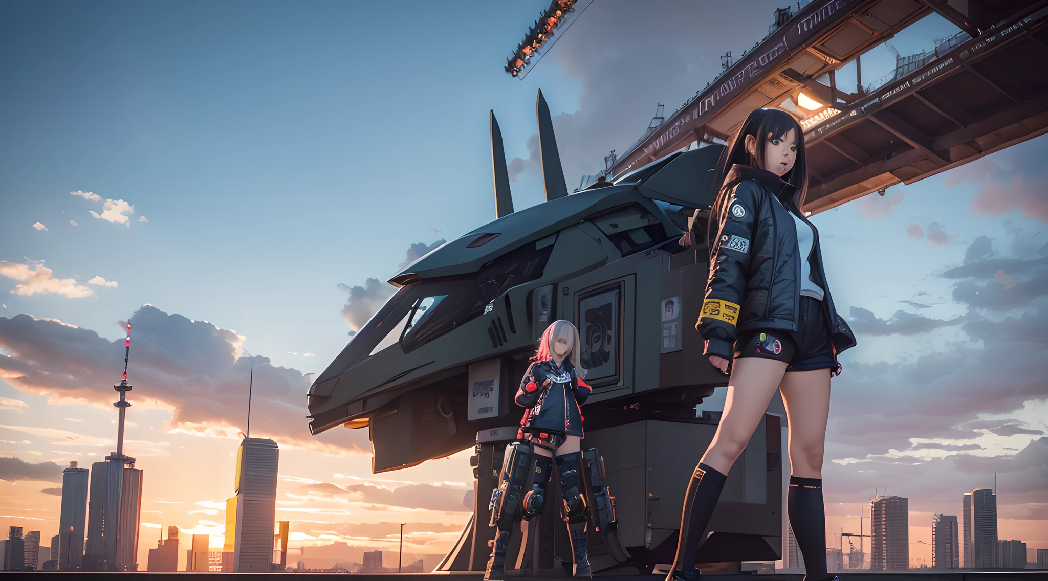 anime girl in short shorts and jacket standing next to giant robot, artwork in the style of guweiz, cyberpunk anime girl mech, trending on cgstation, guweiz, by Russell Dongjun Lu, digital cyberpunk anime art, ross tran 8 k, guweiz on artstation pixiv, girl in mecha cyber armor