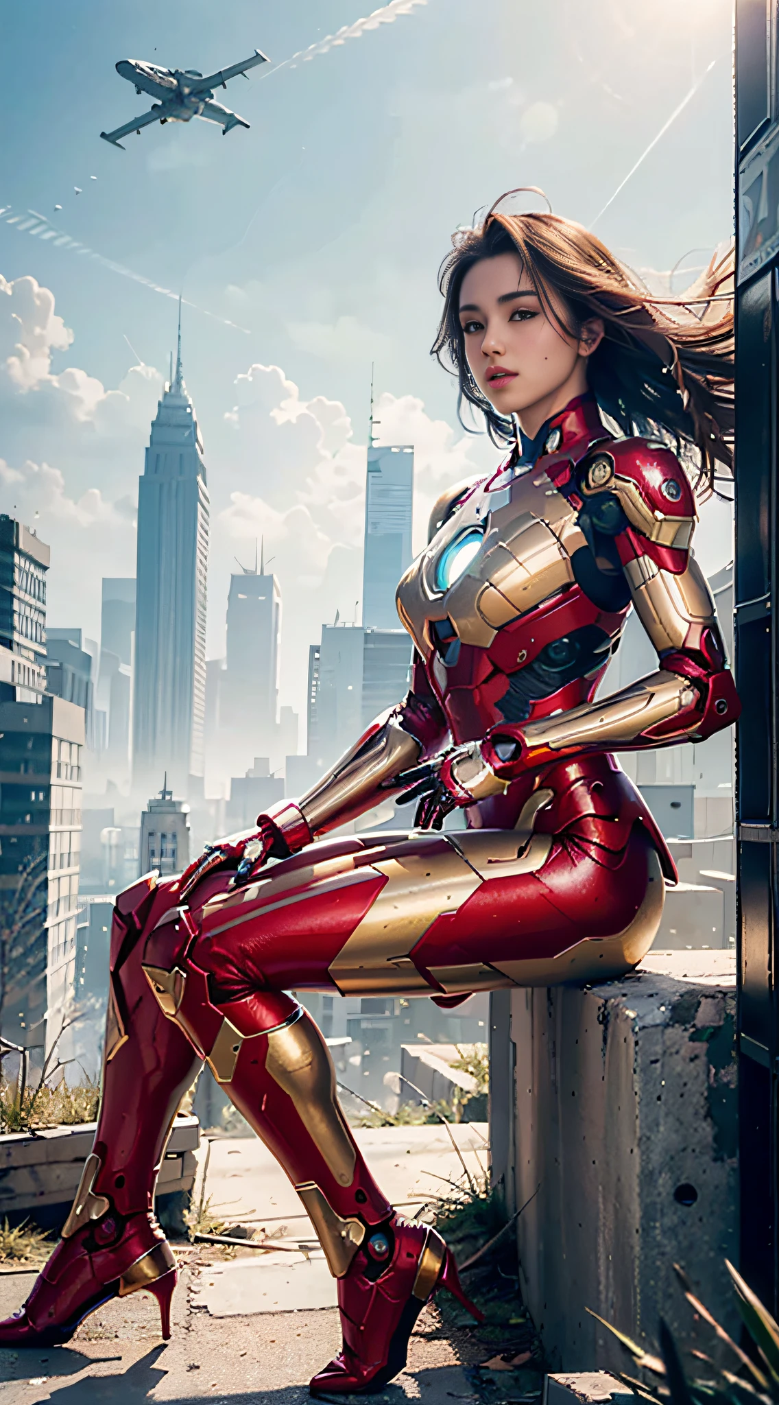 RAW, Masterpiece, Ultra Fine Photo,, Best Quality, Ultra High Resolution, Photorealistic, Sunlight, Full Body Portrait, Stunningly Beautiful,, Dynamic Poses, Delicate Face, Vibrant Eyes, (Side View) , she is wearing a futuristic Iron Man mech, red and gold color scheme, highly detailed abandoned warehouse background, detailed face, detailed and complex busy background, messy, gorgeous, milky white, high detailed skin, realistic skin details, visible pores , sharp focus, volumetric fog, 8k uhd, dslr camera, high quality, film grain, fair skin, photorealism, lomography, sprawling metropolis in futuristic dystopia, view from below, translucent