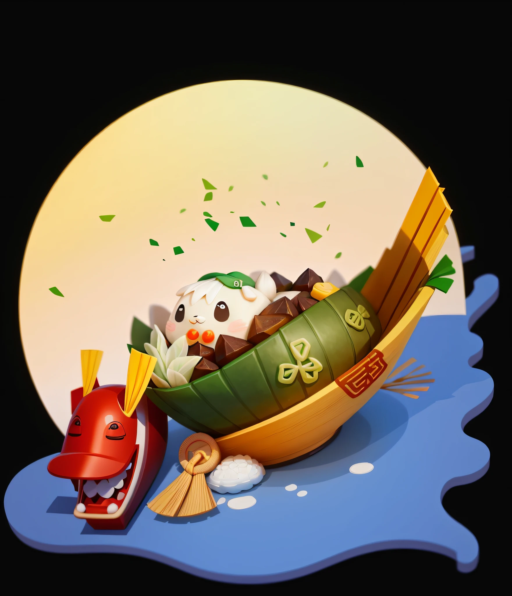 (A zongzi wearing a green tricorn hat), ((zongzi)), moe, green zongye hat, rice, meat dumpling, reunion, cute 3D rendering, detailed digital art, cartoon characters, digital painting, cute! c4d, (white background), super detailed, thanks to Chi Ding, 3d model of Japanese mascot, cute forest creature, the illustration is HD illustration in 4K resolution with very detailed facial features and cartoon style visuals.