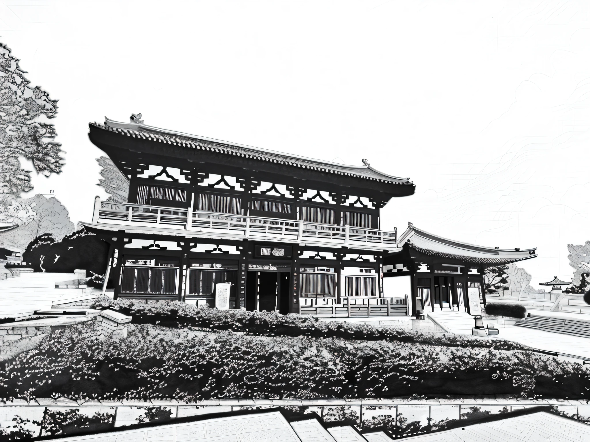 There is a black and white photo with a clock on the building, Chinese architecture, Tang Dynasty palace, Chinese architecture, Korean traditional palace, Chinese palace, ancient Chinese architecture, museum ink painting, imperial palace, hilltop palace, Japanese temple, preservation of history, inspired by Zhang Senyao, inspired by Wang Yi, realism, highly detailed sketches, detailed but rough, clean ink detailed line drawings, black and white detailed sketches, anime city line art, detailed pencils, extremely fine ink line art, street perspective, sketch illustration, Detailed illustrations, landscape architecture photos, sketches black and white colors, illustrations and sketches, sketches, black and white detailed sketches, pen and ink drawings, environmental design illustrations, landscape perspective, detailed renderings, hand drawn line drawings, blur line drawings
