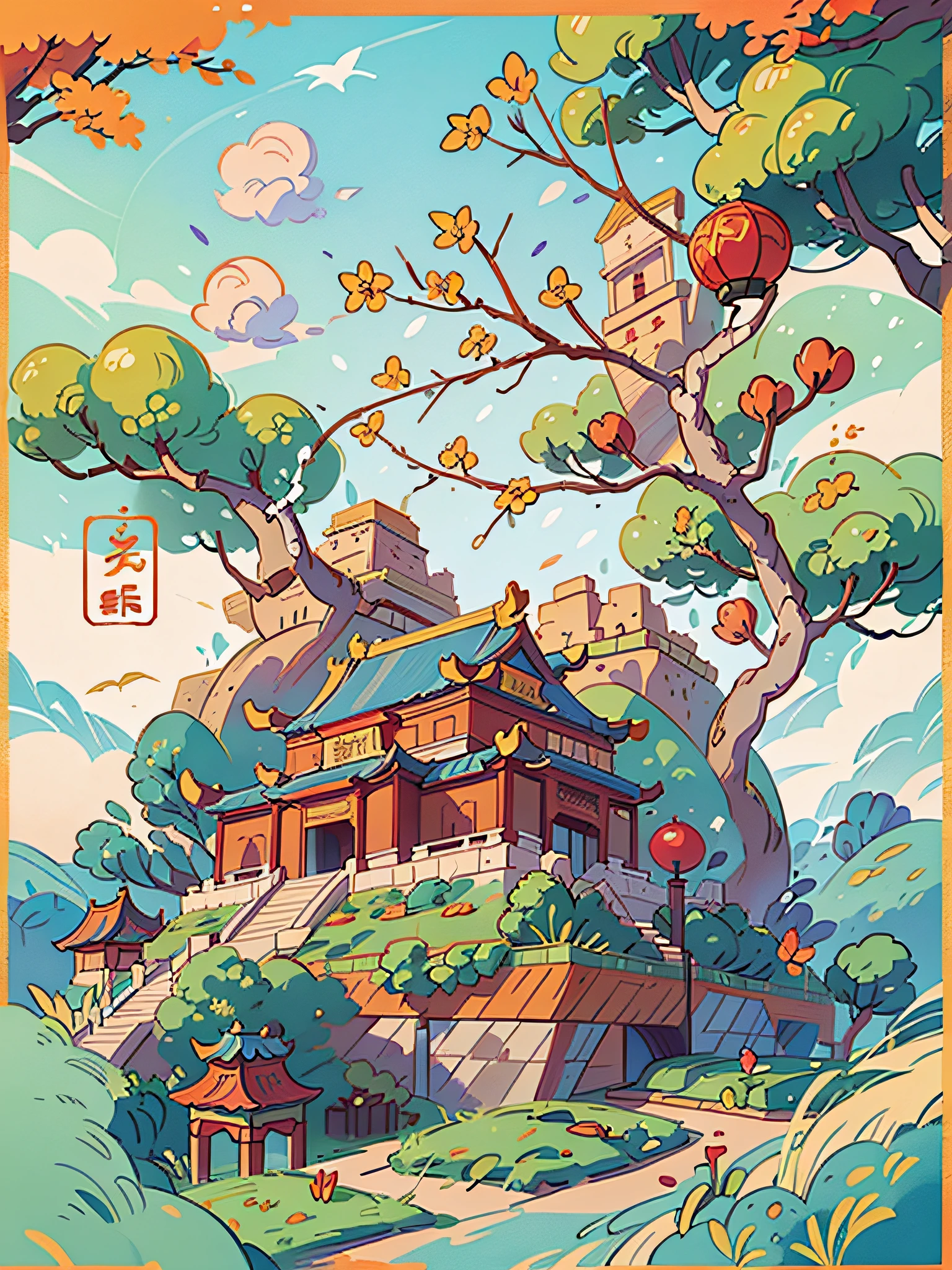 Masterpiece, best quality) Chinese style illustration, packaging, Forbidden City series, Dunhuang murals, spring, summer, autumn and winter, season, plane, Chinese style, national tide, classical, elegant lines, flat illustration of abstract painting of the Forbidden City tradition