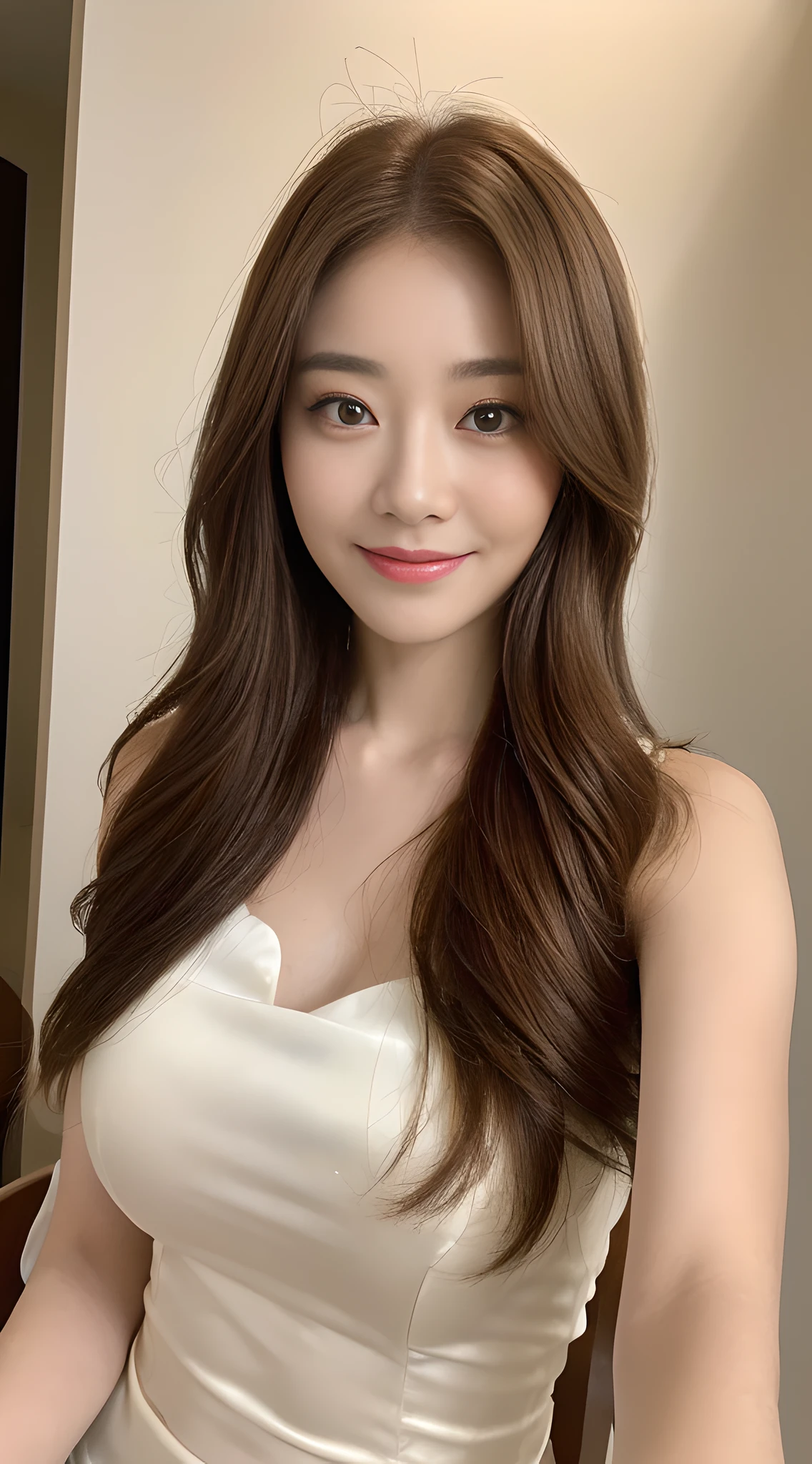 ((Realistic light, Best quality, 8k, Masterpiece :1.3)), Selfie, 1girl, Pretty woman with perfect figure :1.4, fat Abs :1.1, (Brown hair, Huge breasts :1.3), White silky dress :1.2, Chair, Ultra-detailed face, Detailed eyes, Double eyelid,smile:1.5,
