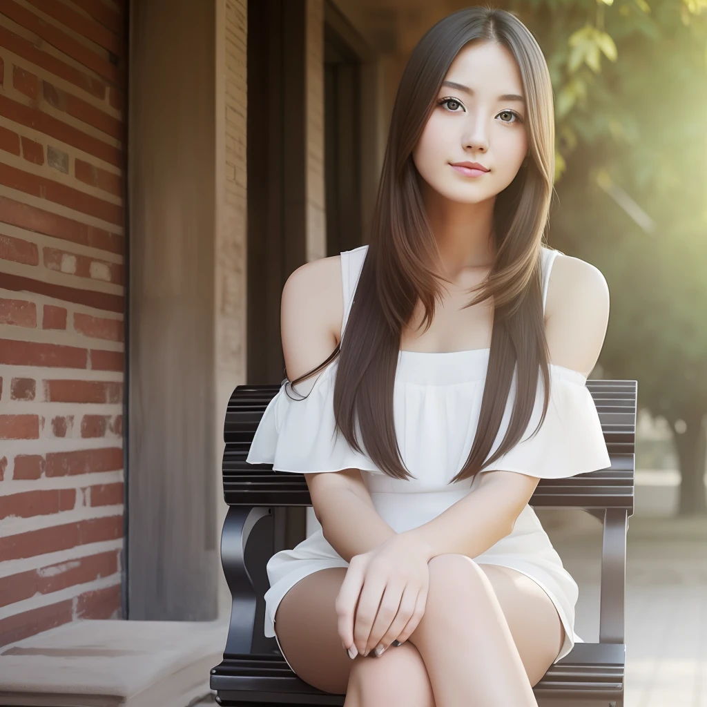 1 female with Shoulder-length hair, thin makeup, slightly smile, sitting at the bench, overexposure, UHD, masterpiece, high quality, 16k --auto --s2