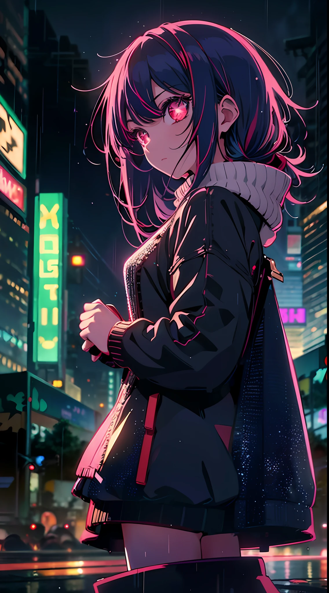 Night, colorful cyberpunk city background, rain, street, teenage girl in cozy sweater, li, red eyes, glowing eyes, black stockings, backlight, glow, looking at the audience, low angle lens, looking up lens, perfect composition, perfect light and shadow delicate, 8k